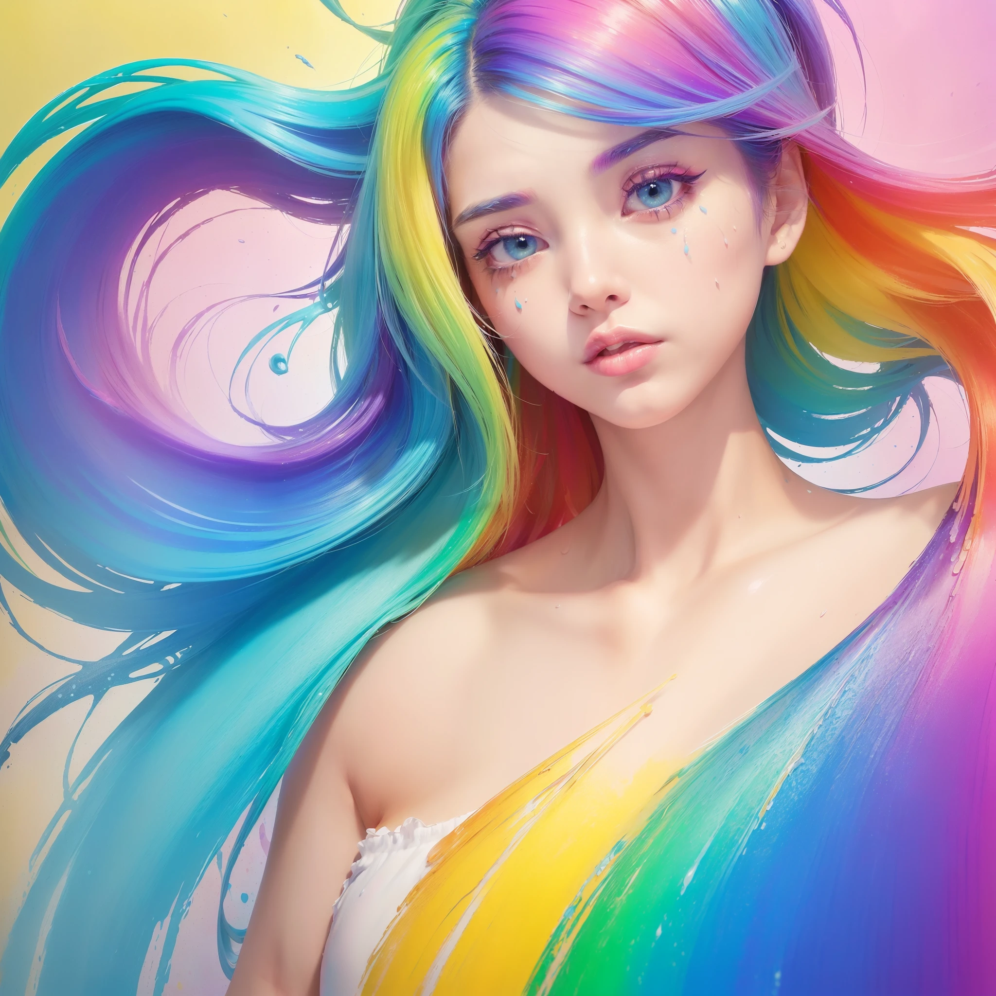 （Pink Fashion T-shirt：1.9），(Colorful hair: 1.8), (all the colours of the rainbow: 1.8),(((((vertical painting：1.6))), （painting：1.6），front, comics, illustrations, paintings, large eyes, crystal clear eyes,（ rainbow color gradient high ponytail：1.7）, exquisite makeup, closed mouth,(Small Fresh: 1.5),(Wipe Chest: 1.6) ，long eyelashes, white off shoulder T-shirt,  White Shoulder Shirt，looking at the audience, large watery eyes, (rainbow colored hair：1.6), color splash, （solo：1.8）, color splash, color explosion, thick paint style, messy lines, ((shining))，(colorful), (colorful), (colorful), colorful, Thick Paint Style, (Splash) (Color Splash), Vertical Painting, Upper Body, Paint Splash, Acrylic Pigment, Gradient, Paint, Highest Image Quality, Highest Quality, Masterpiece, Solo, Depth of Field, Face Paint,  colorful clothes, (Elegant: 1.2), gorgeous,long hair, wind, (Elegant: 1.3), (Petals: 1.4)，(((masterpiece))),(((best quality))),((ultra-detailed)),(illustration),(dynamic angle),((floating)),(paint),((disheveled hair)),(solo),(1girl) , (((detailed anima face))),((beautiful detailed face)),collar,bare shoulders,white hair, ((colorful hair)),((streaked hair)),beautiful detailed eyes,(Gradient color eyes),(((colorful eyes))),(((colorful background))),(((high saturation))),(((surrounded by colorful splashes))),