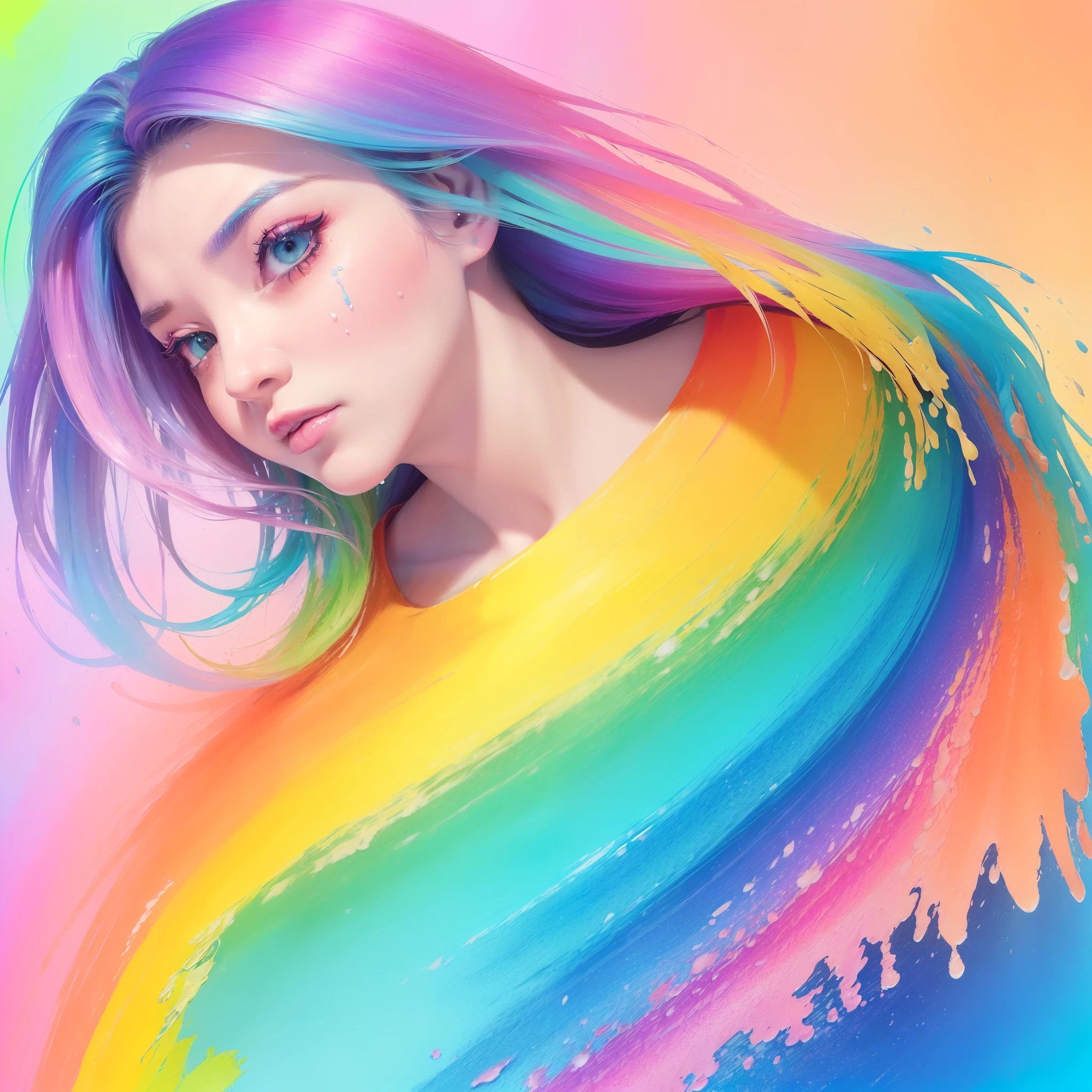 (Pink Fashion T-shirt:1.9),(Colorful hair: 1.8), (all the colours of the rainbow: 1.8),(((((vertical painting:1.6))), (painting:1.6),front, comics, illustrations, paintings, large eyes, crystal clear eyes,( rainbow color gradient high ponytail:1.7), exquisite makeup, closed mouth,(Small Fresh: 1.5),(Wipe Chest: 1.6) ,long eyelashes, white off shoulder T-shirt, White Shoulder Shirt,looking at the audience, large watery eyes, (rainbow colored hair:1.6), color splash, (solo:1.8), color splash, color explosion, thick paint style, messy lines, ((shining)),(colorful), (colorful), (colorful), colorful, Thick Paint Style, (Splash) (Color Splash), Vertical Painting, Upper Body, Paint Splash, Acrylic Pigment, Gradient, Paint, Highest Image Quality, Highest Quality, Masterpiece, Solo, Depth of Field, Face Paint, colorful clothes, (Elegant: 1.2), gorgeous,long hair, wind, (Elegant: 1.3), (Petals: 1.4),(((masterpiece))),(((best quality))),((ultra-detailed)),(illustration),(dynamic angle),((floating)),(paint),((disheveled hair)),(solo),(1girl) , (((detailed anima face))),((beautiful detailed face)),collar,bare shoulders,white hair, ((colorful hair)),((streaked hair)),beautiful detailed eyes,(Gradient color eyes),(((colorful eyes))),(((colorful background))),(((high saturation))),(((surrounded by colorful splashes))),