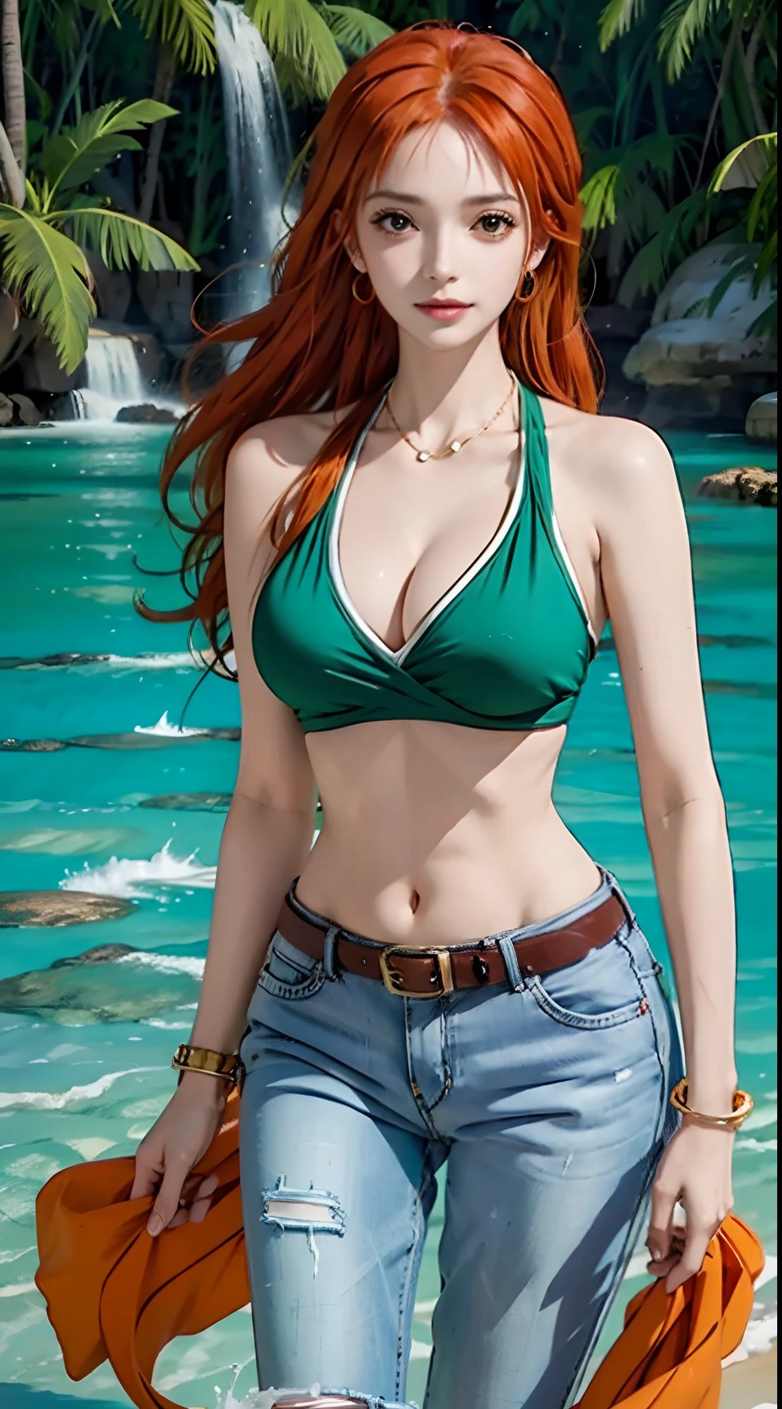 photorealistic, high resolution, 1women, solo, hips up, look at viewer, (detailed face), wanostyle, nami \(one piece\), huge breasts, tattoo, orange hair, bangle, bangs, bare shoulders, belt, bikini, bikini top only, bracelet, breasts, brown eyes, bubble, cleavage, denim, earrings, floating hair, green belt, green bikini, groin, jeans, jewelry, large breasts, long hair,navel, orange hair, pants, shoulder tattoo, sidelocks, sky, smile, solo, stomach, swimsuit, tattoo