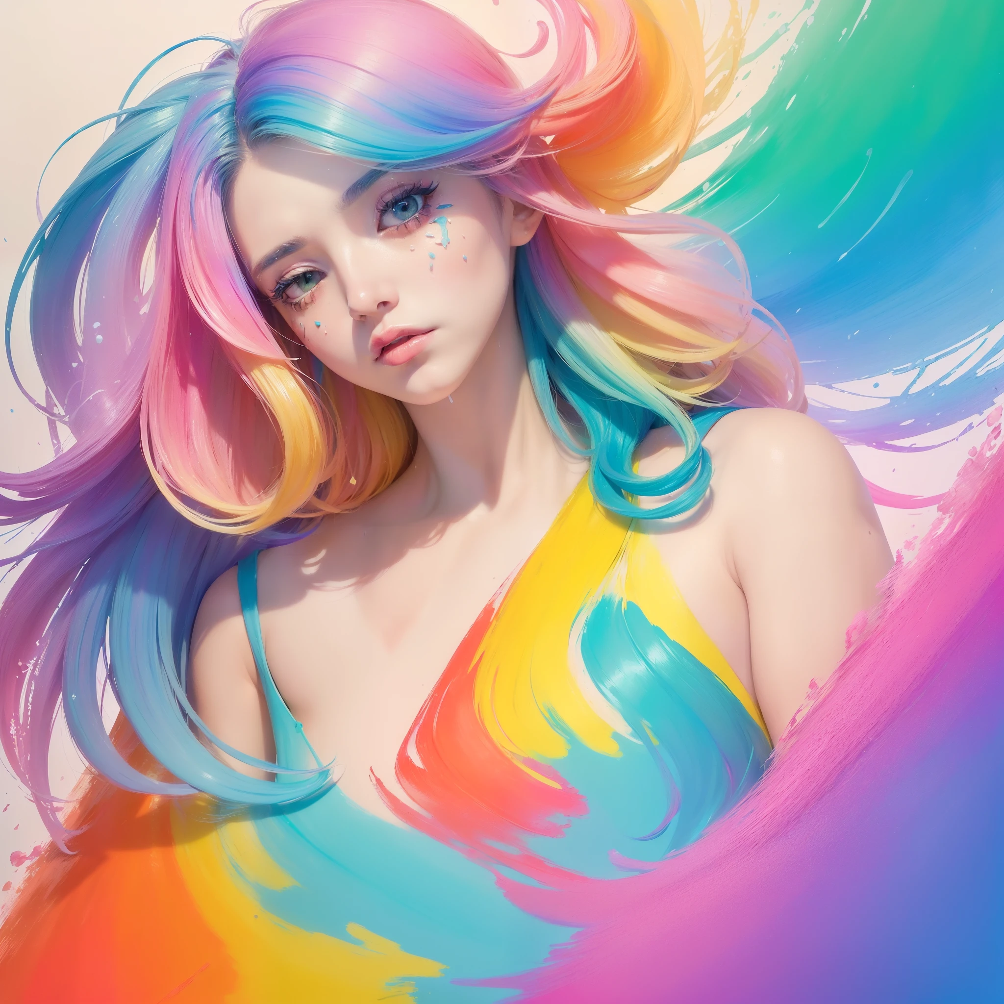 (Pink Fashion T-shirt:1.9),(Colorful hair: 1.8), (all the colours of the rainbow: 1.8),(((((vertical painting:1.6))), (painting:1.6),front, comics, illustrations, paintings, large eyes, crystal clear eyes,( rainbow color gradient high ponytail:1.7), exquisite makeup, closed mouth,(Small Fresh: 1.5),(Wipe Chest: 1.6) ,long eyelashes, white off shoulder T-shirt, White Shoulder Shirt,looking at the audience, large watery eyes, (rainbow colored hair:1.6), color splash, (solo:1.8), color splash, color explosion, thick paint style, messy lines, ((shining)),(colorful), (colorful), (colorful), colorful, Thick Paint Style, (Splash) (Color Splash), Vertical Painting, Upper Body, Paint Splash, Acrylic Pigment, Gradient, Paint, Highest Image Quality, Highest Quality, Masterpiece, Solo, Depth of Field, Face Paint, colorful clothes, (Elegant: 1.2), gorgeous,long hair, wind, (Elegant: 1.3), (Petals: 1.4),(((masterpiece))),(((best quality))),((ultra-detailed)),(illustration),(dynamic angle),((floating)),(paint),((disheveled hair)),(solo),(1girl) , (((detailed anima face))),((beautiful detailed face)),collar,bare shoulders,white hair, ((colorful hair)),((streaked hair)),beautiful detailed eyes,(Gradient color eyes),(((colorful eyes))),(((colorful background))),(((high saturation))),(((surrounded by colorful splashes))),
