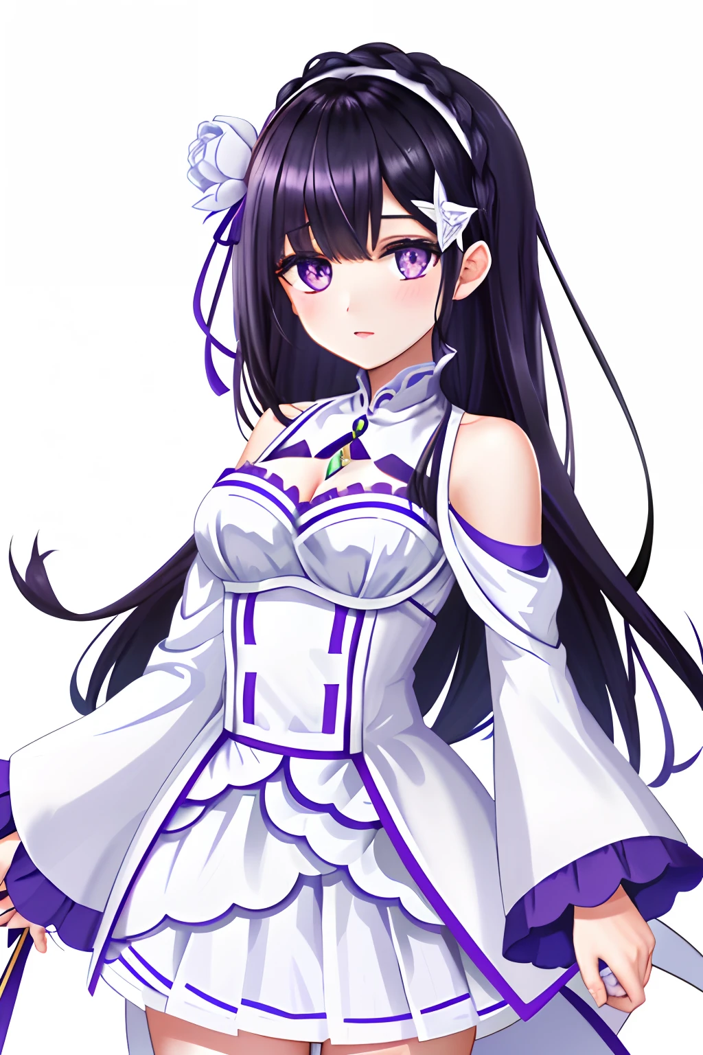 Emilia, 1girl, white_dress, skirt, gold_eagle_on_sleeves,  hair_over_one_eye, black_hair, purple_eyes, gloom_\(expression\)