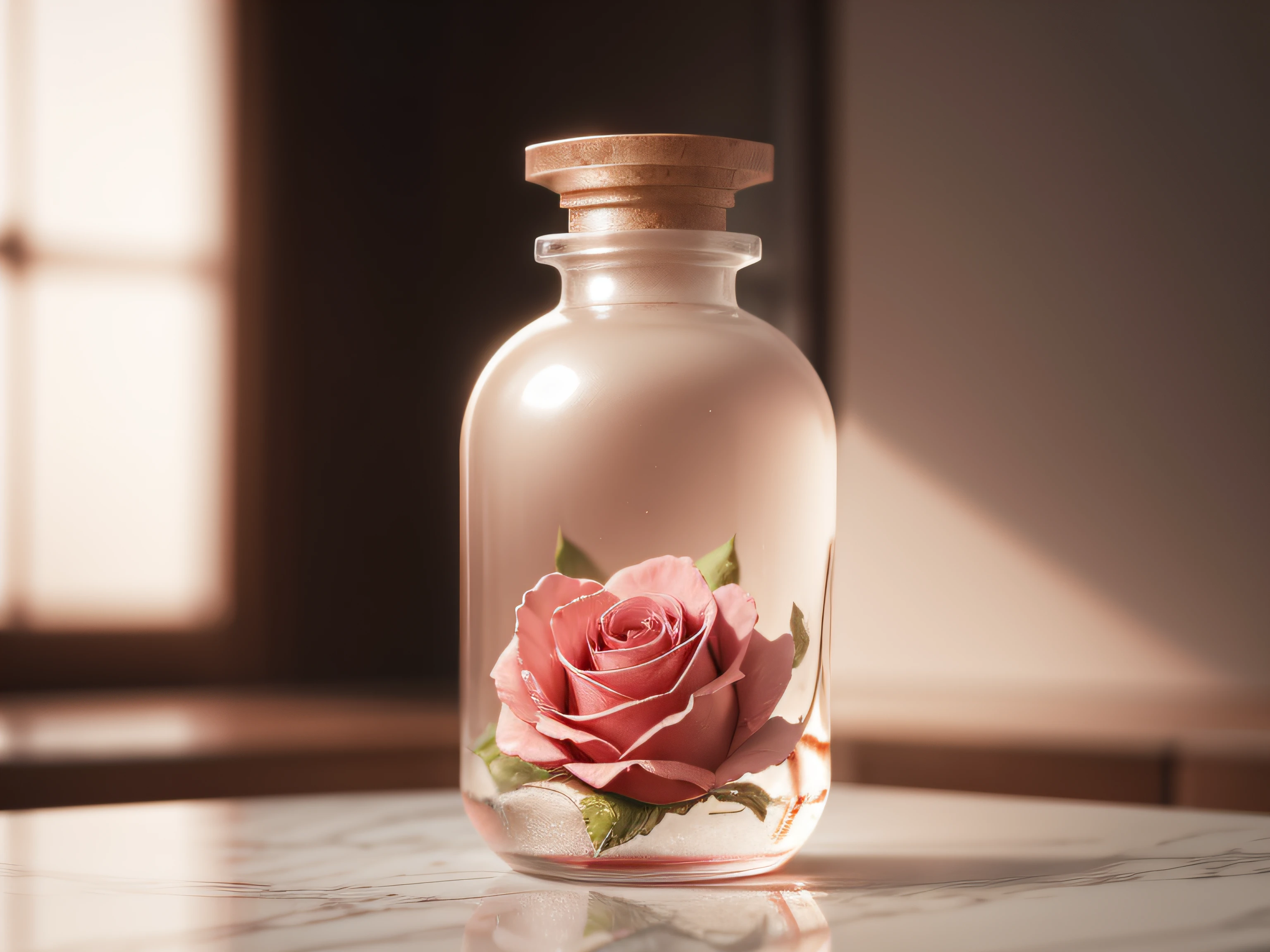 Bottle with rose extract、Marble on background、No humans、depth of fields、(blurry backround)、masterpiece、top-quality、The ultra-detailliert