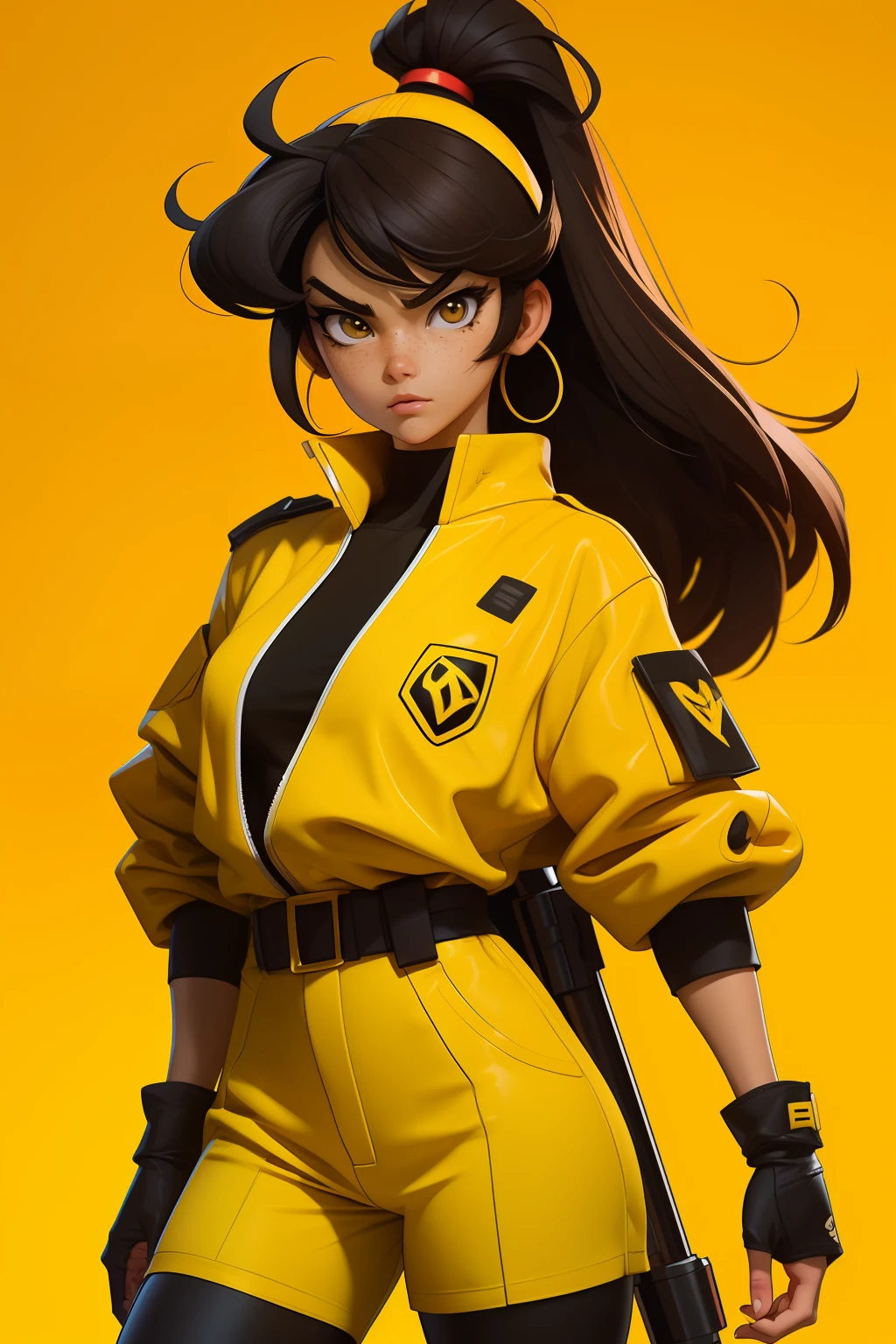 Yoko Tsuno as a young female vigilante. Brunette, Freckles, yellow and black clothes, brown eyes.