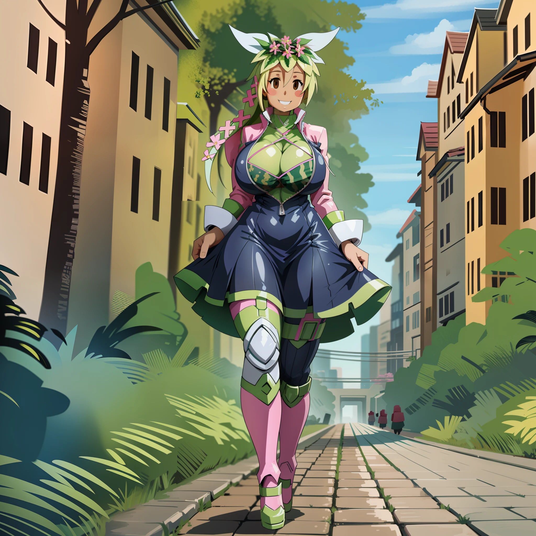 kanna blaster master, flora fauna, female,, huge chest, full clothed dress, walking, full body, smile