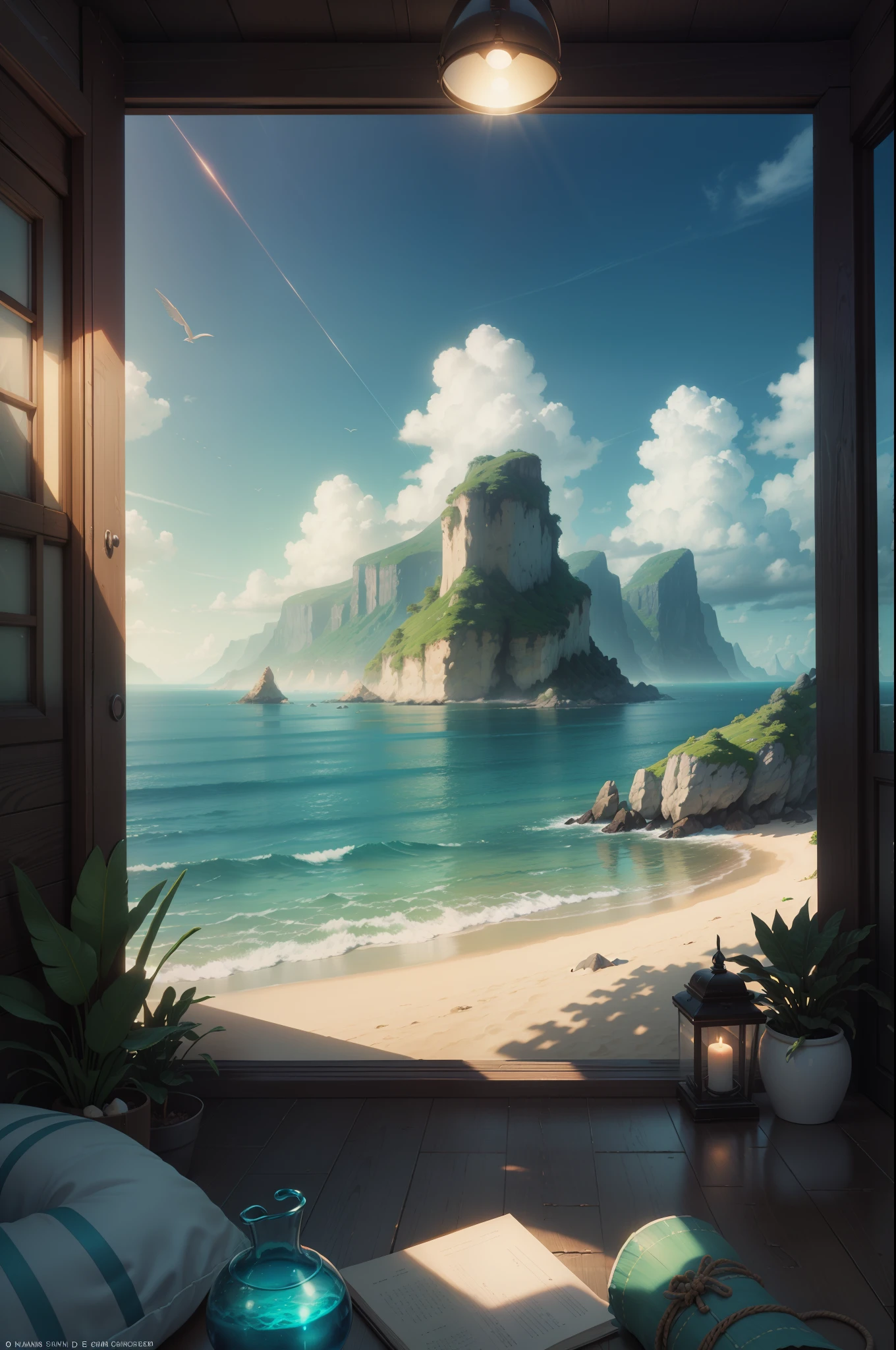 Beach Ocean, Summer Fresh, water, ocean, 3 D Rendering Stylized, Stylized 3D Rendering, Stylized to 3D Rendering, Rolands Zilvinski 3D Render Art, 3D Stylized Scenes, Relaxation Concept Art, Stylized Concept Art, (Octane Rendering) Fantasy Style, Stylized 3 D, aesthetic serene bliss, diffused light, god rays, chromatic aberration, caustics