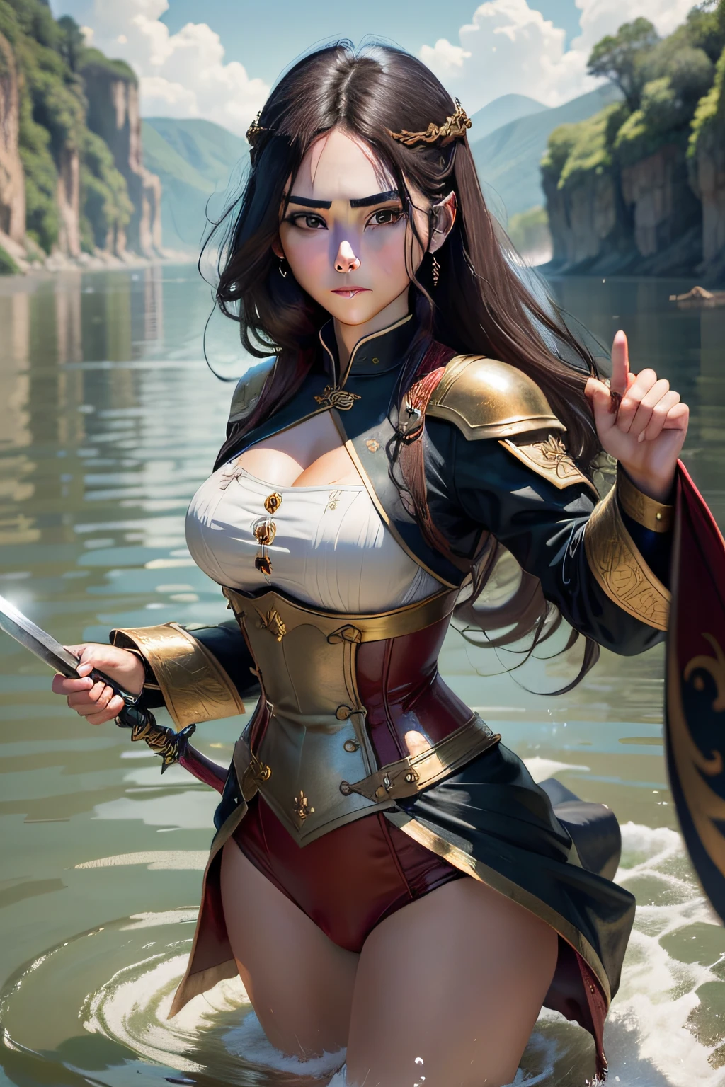 18-year-old antique girl,Temperament woman,Heroic and sassy,Cherry small mouth,The mouth is slightly open,Watery eyes,The gaze is like a torch,Rich river and lake style,An aura like a master of swordsmanship,cabelos preto e longos,Sharp eyes,Dressed in gorgeous golden battle robes,Sword in hand,The gesture flows in the clouds and in the water,It paints a fascinating picture of martial arts。