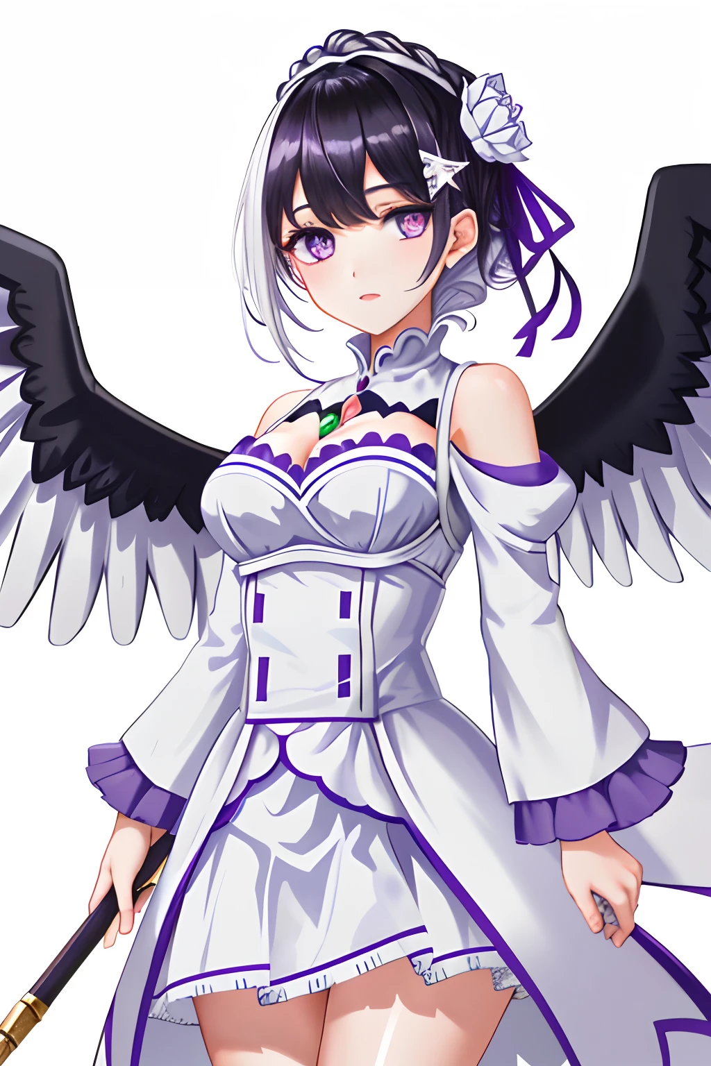 Emilia, 1girl, white_dress, skirt, gold_eagle_on_sleeves,  hair_over_one_eye, black_hair, purple_eyes, gloom_\(expression\)