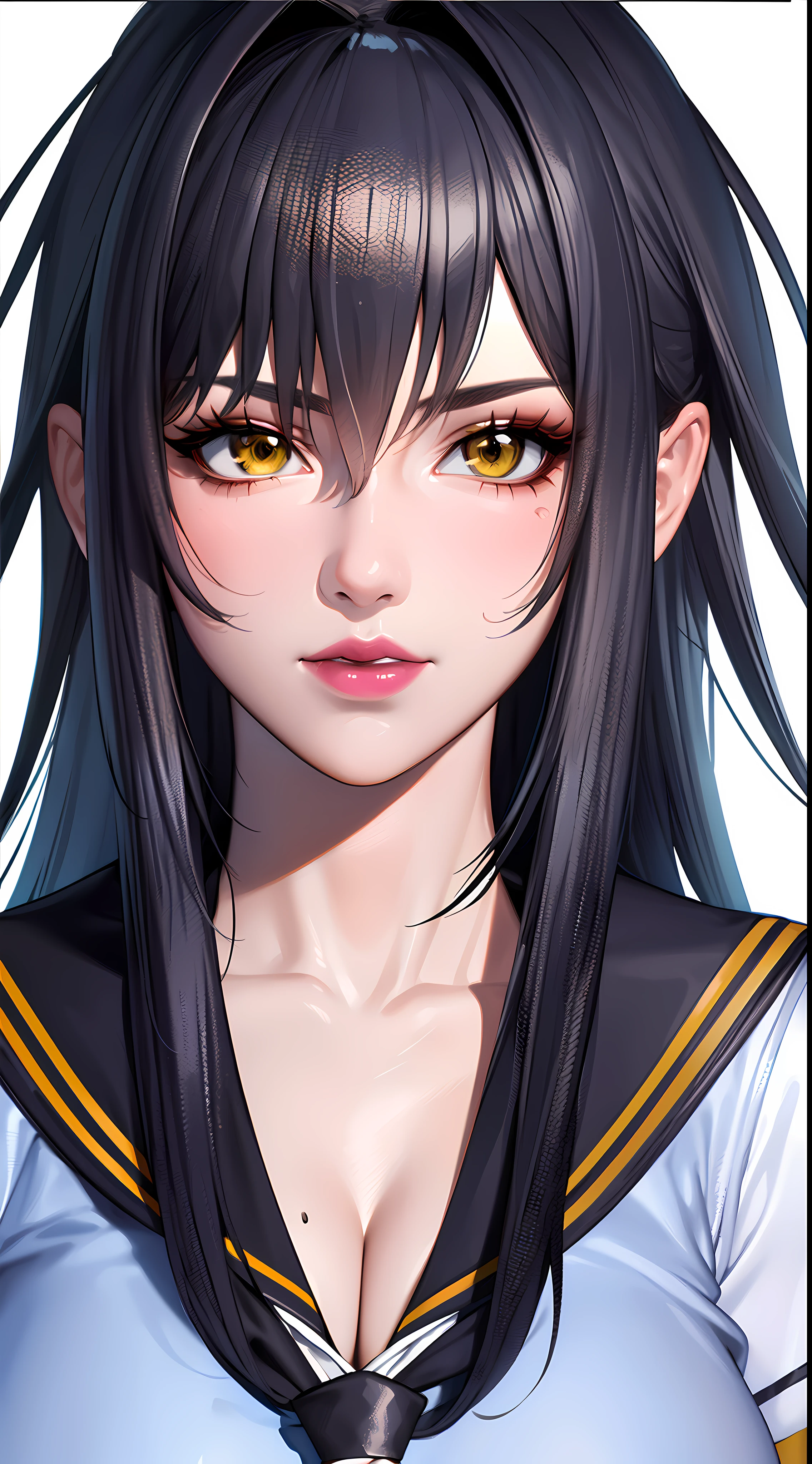 (solo:1.4), female mature, black hair, long hair, yellow eyes, large breasts, (((school uniform:1.4))), cleavage, professional artwork, Intricate Details, ((plain white background)), sharp focus, detailed painting, makeup, eyeshadow, lipstick, ultra detailed makeup, ultra detailed eyeshadow, ultra detailed lipstick, (half body shot:1.4)