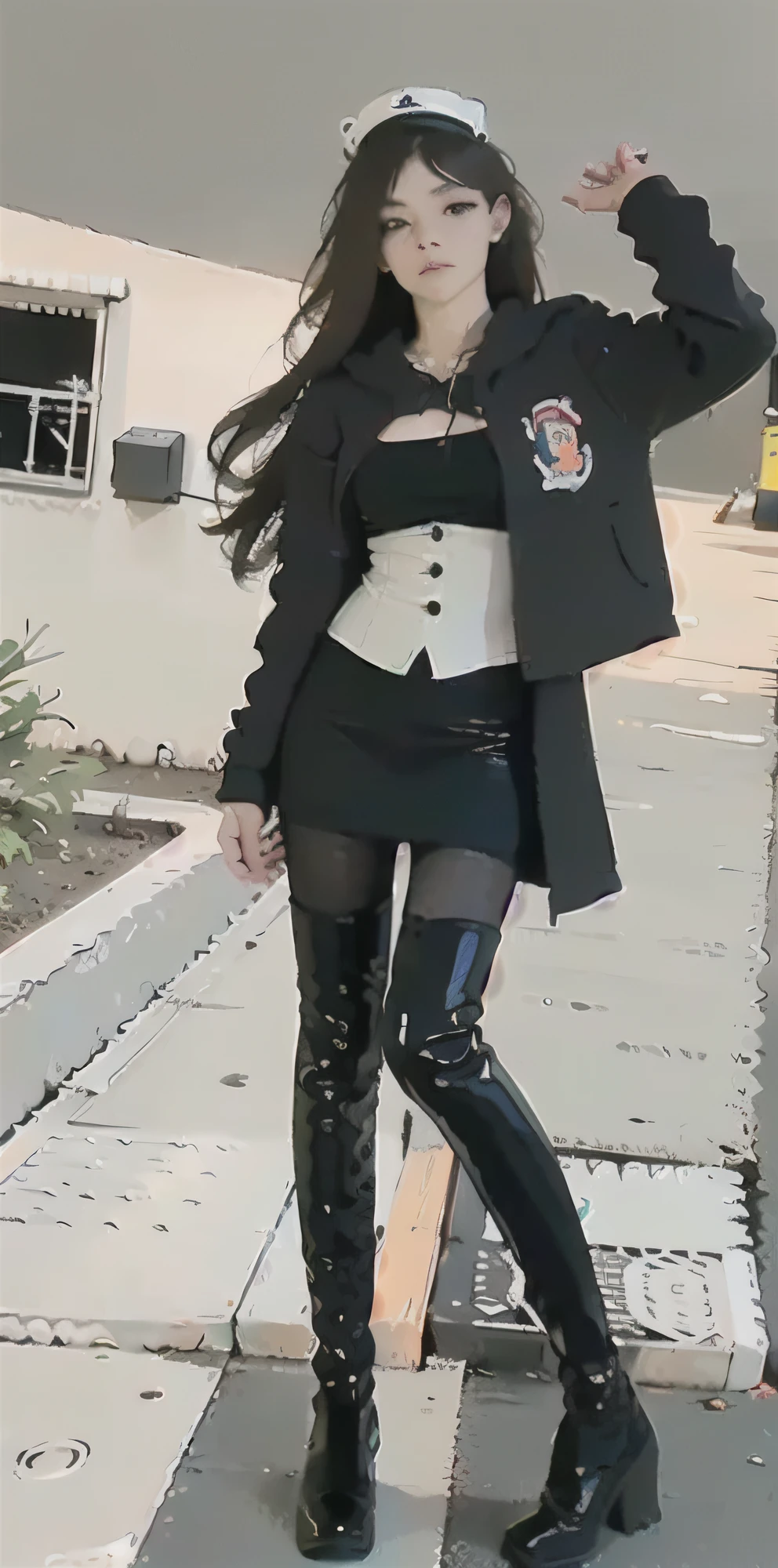 1girll,(8K, RAW photo, Best quality, Masterpiece:1.2), (1China girl,Solo:1.29),(Realistic, photo-realistic:1.37),(Street photography:1.54),(busty figure:1.5),Boots,(2 boots,2 normal legs),Over-the-knee boots,(Stand upright,Orthographic lighting,whole body picture:1.88),(knee high boots:1.75),(Leather boots:1.6),(Over-the-knee boot cover 3/4 legs:1.55),(high-heels:1.2),(Silvery hair),(Silver boots),(leather miniskirt:1.3),(High heels:1.4),(2 Long heels:1.2),(2 stiletto heels:1.33),(Slim heels:1.33),(brassier:1.65),(Silver patent leather boots:1.4),(The boots clung to her legs:1.5),(The boots are pressed tightly against the thighs, Accentuate the curve of the legs),(A pair of black pantyhose:1.89),(A thin pair of black pantyhose:1.74),(A pair of black thin oily pantyhose:1.74),(The line between the legs and the black silk skirt is clear:1.56),(Ultra detail,full bodyesbian),(Red long-haired,Red hair,Bright red hair:1.4),(the beautiful and delicate girl:1.5) ,Beautiful nose,(Extremely detailed eyes and face:1.5), (Beautiful eyes:1.5),((Hanfu:1.1),(beautiful detailed lips),Professional lighting, No hats,2 legs,photon maping, Radio City, Physically-based rendering,Extremely detailed eyes and face, Beautiful detailed eyes,light in face,Cinematic lighting,Beautiful detailed sky,Details of Shanghai streets,Morning,sun light,Short jacket,Hoodie,school uniform,(Open legs:1.45),1girll,full bodyesbian,full body shot of,Outdoors,