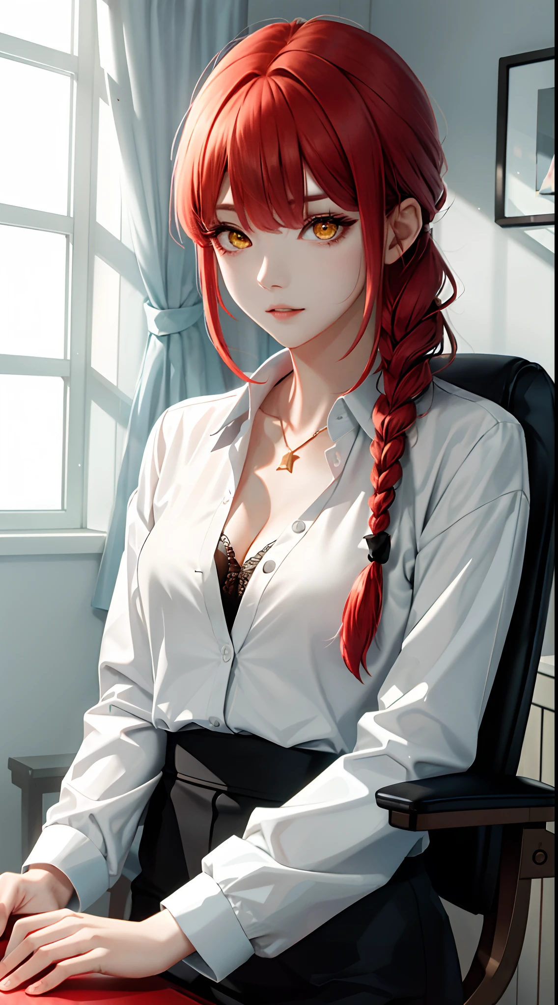 tmasterpiece,(真实感:1.1),best qualtiy,(cleavage:1.3),beautiful light up,(Ulzzang-6500:0.5),makima \(chainsawman\),(red hair)+(long braid)+(By bangs),Yellow eyes,Golden eyes, ((eye socket)), (white shirt), (tiese), RAW photos, 8K UHD, filmgrain,Light