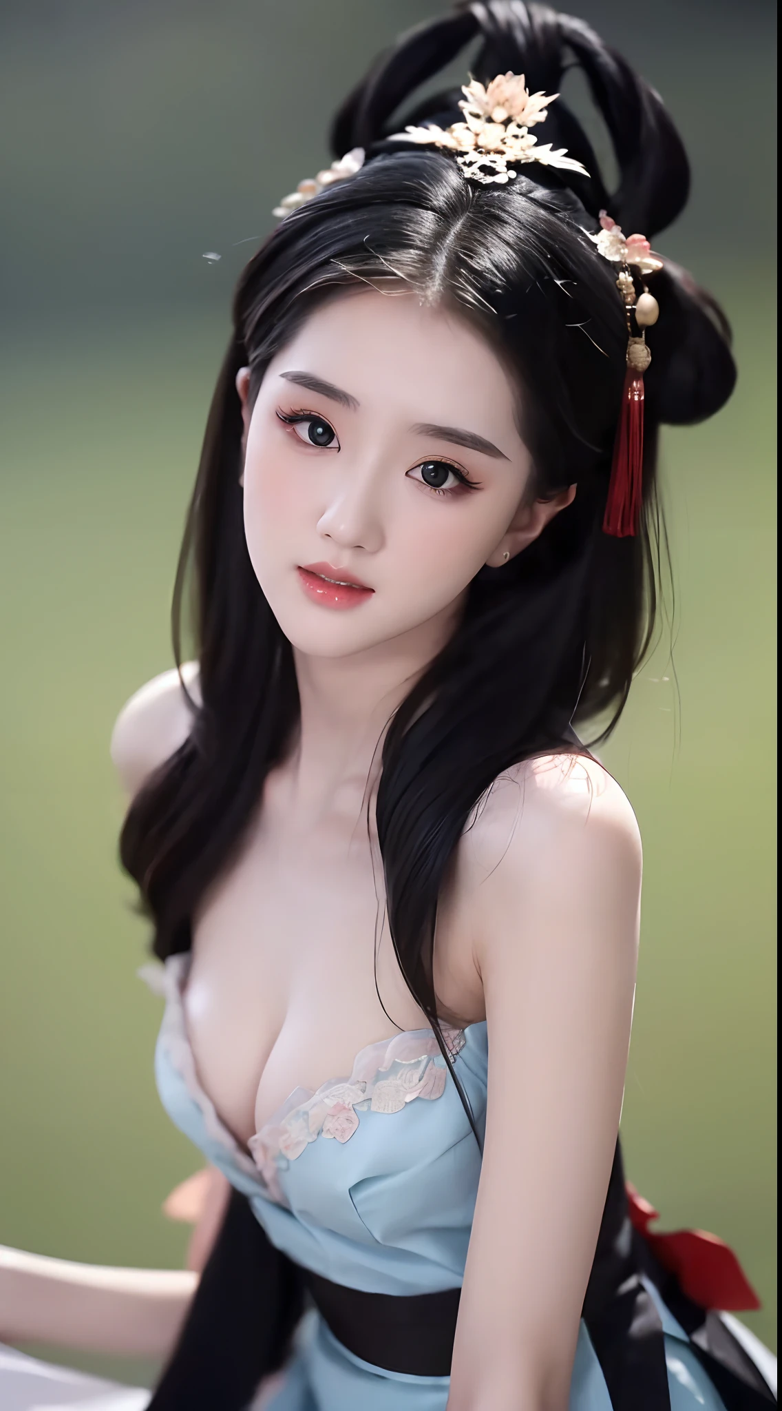 1 beautiful girl, long black hair, black eyes, Ancient Chinese style bun, wearing a thin silk shirt of ancient China, appears shoulders and head in the photo, (pout, embarrassed, small face makeup detailed and very beautiful, Enlarged breasts, regular round breasts, breast augmentation, balanced breasts, blush, from front, from above, looking at viewer, upturned eyes, cleavage, masterpiece, top quality, best quality, official art, unity 8k wallpaper, highres, ultra-high res, ultra-detailed, (photorealistic:1.2), alone, solo, Only 1 girl,