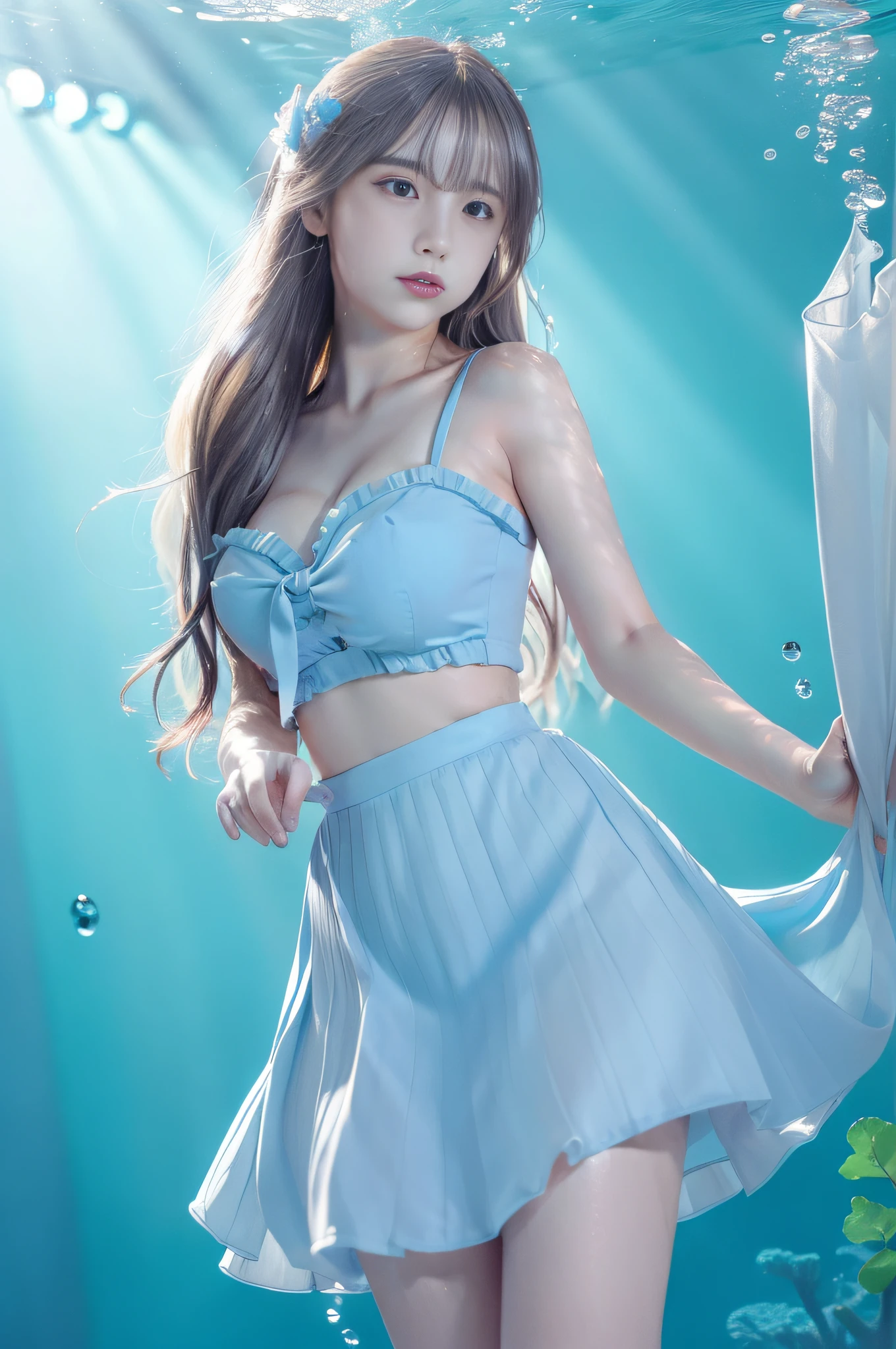 (((masterpiece))),(best quality),(solo),highres, extremely detail CG,wallpaper,extremely detailed figure,Amazing,1girl, (((underwater))),very long hair, detailed face,((beautiful detail light reflective water)),beautiul detail blue eyes and hair,wavy hair,(wite pleated dress)((wet clothes)), (blue ribbons wrapped the girl ),facing away,((ultra-detailed)),shiny water,((wide shot)),