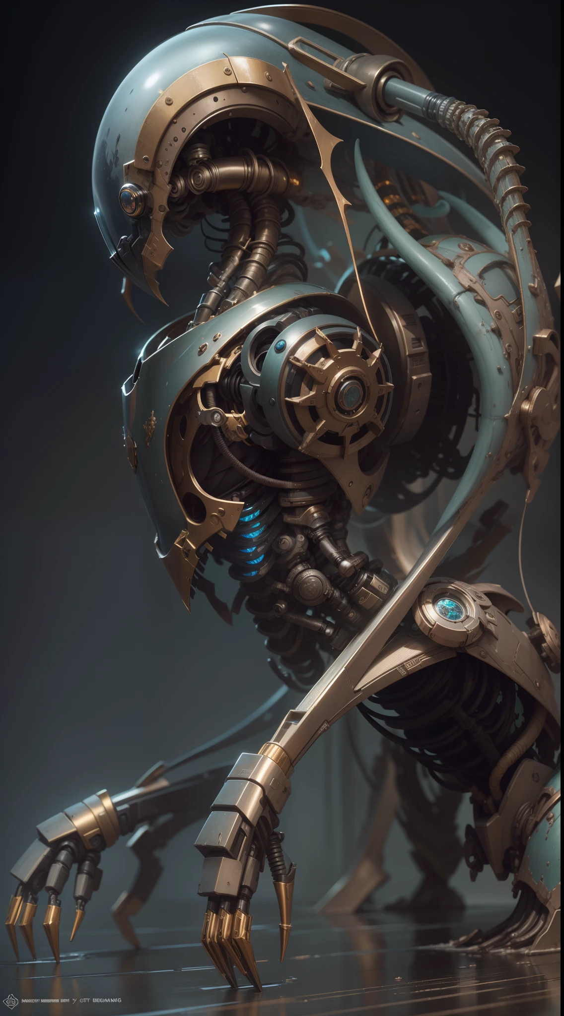 1 robot，（（hyper realistic detailed）），sportrait，globalillumination，shadowing，rendering by octane，8k，Super sharp，metals，复杂，Decorations detailed，cool colours，egypician detail，highly intricate detail，realistic raytraicing，CGSociety trends，glowing light eyes，facing at the camera，neon light detail，Mechanical limbs，blood vessels attached to the tube，A mechanical vertebrae attached to the back，Mechanical cervical connection of the neck，sitted，Bronze tones，Anatomically correct indescribable unimaginable robotic creatures, 4K, Realistic, Highest quality, red shift render,  Cinematic, elegant, Hyperrealistic, rendering by octane, unreal, High definition, Highly detailed, Photo taken with Sony a7R camera, DSLR lens, trending on artstationh，（（Wet oil）））， melt， complex 3d render ultra detailed of a， （H. R. Giger style）， The demons， hellhound， vending machines， Fusion Core， （（cyborg people，  steampunc， cyborg robot parts， ））， 150 mm， Beautiful studio soft light， mannequin， rim-light， vibrant detail， posh， hyper realisitc， parfect anatomy， musculature， Cable Electrical Wire， micro Chip， ellegance， beatiful background， rendering by octane， HR Giger style， 8k， best qualtiy， tmasterpiece， illustratio，an extremely  delicate and beautiful，The is very detailed，CG，Solidarity，Wallpapers，（realisticlying，photograph realistic：1.37），astounding，finely detailled，tmasterpiece，Best quality at best，offcial art，the Extremely Detailed CG Unity 8K Wallpapers，absurderes，incredulous，（8k，RAW photos，best qualtiy，tmasterpiece，realisticlying，fidelity：1.35），dark studio，twotonelighting，Black humanoid mech，Mecha concept，Symmetrical position，saints，Holograms behind the head，（（All-round，Glass masks，Glow from the inside）），Luminous decorative thread，Water droplets on mechs，Water Moisture，HC letter logo on the shoulder，frontage，concept-art，zbrush，artstation，Peter Mohrbacher，Alphonse Mucha，unreal-engine，octanerender，cereals