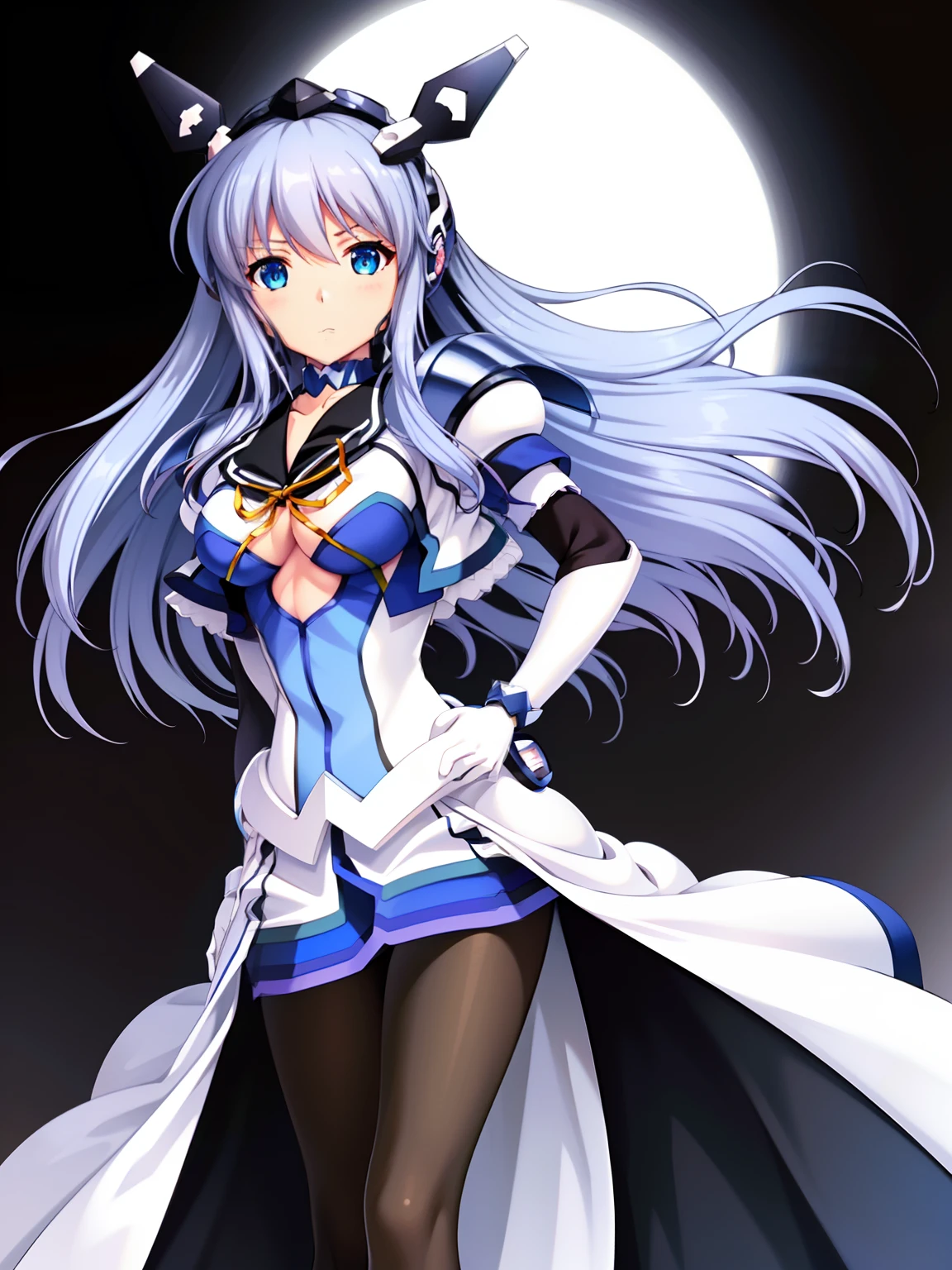 (hyper extreme detailed),(masterpeace),(hyper extreme),(photorealistic),CG,(colour), beautiful lighting,light from the front,solo,Symphonic_Sugar,light blue hair,navy blue eyes,hair ornament,long hair,white long glove,light blue short outfit,(black pantyhose),long skirt,(white high heel:0.8),petite,