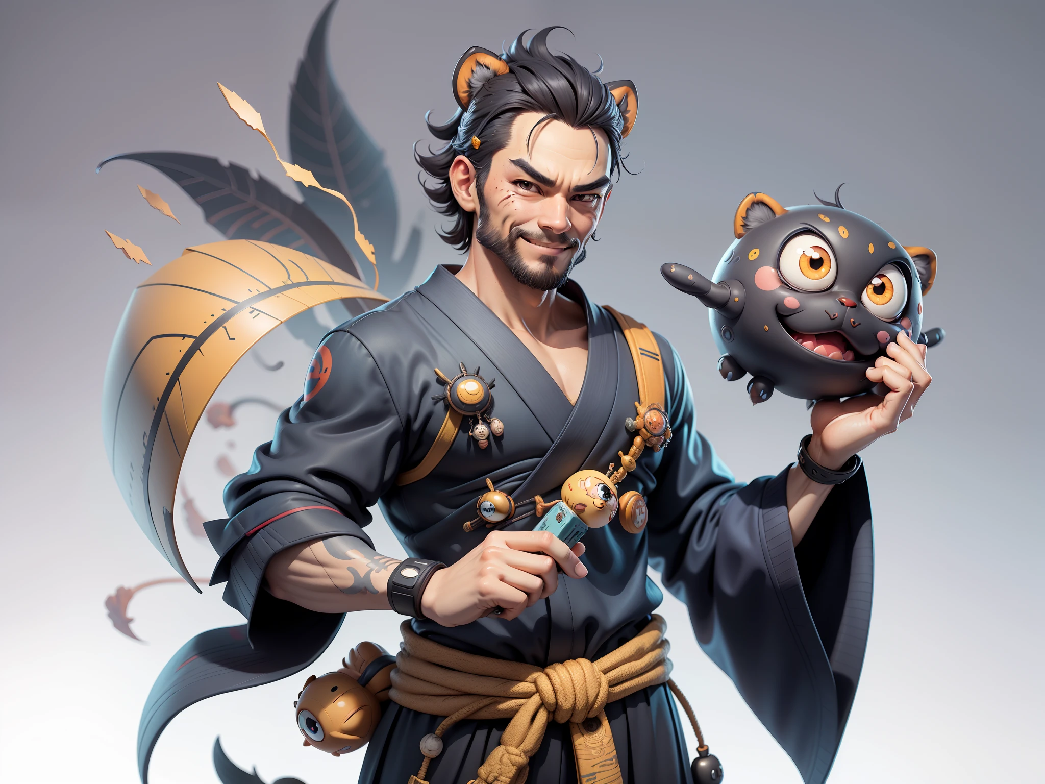 (Daisaku),(Need),(Super meticulous),(full bodyesbian:1.2),Super young man with Japanese geisha,Beautiful,orient,one tiger,Aeolian Thor,Raised sexy,爆乳,Oriental face,TV Anchor,Bust portrait illustration,In black suit,a blue tie,The face is slightly chubby,The face was clean,without a beard,Black super short hair,Black eyes,Smile confidently,3C computer sub-products,iPad, iphone,Digital painting,3D character design by Mark Clairen and Pixar and Hayao Miyazaki and Akira Toriyama,The illustration is a high-definition illustration in 4K resolution,With very detailed facial features and cartoon-style visuals。