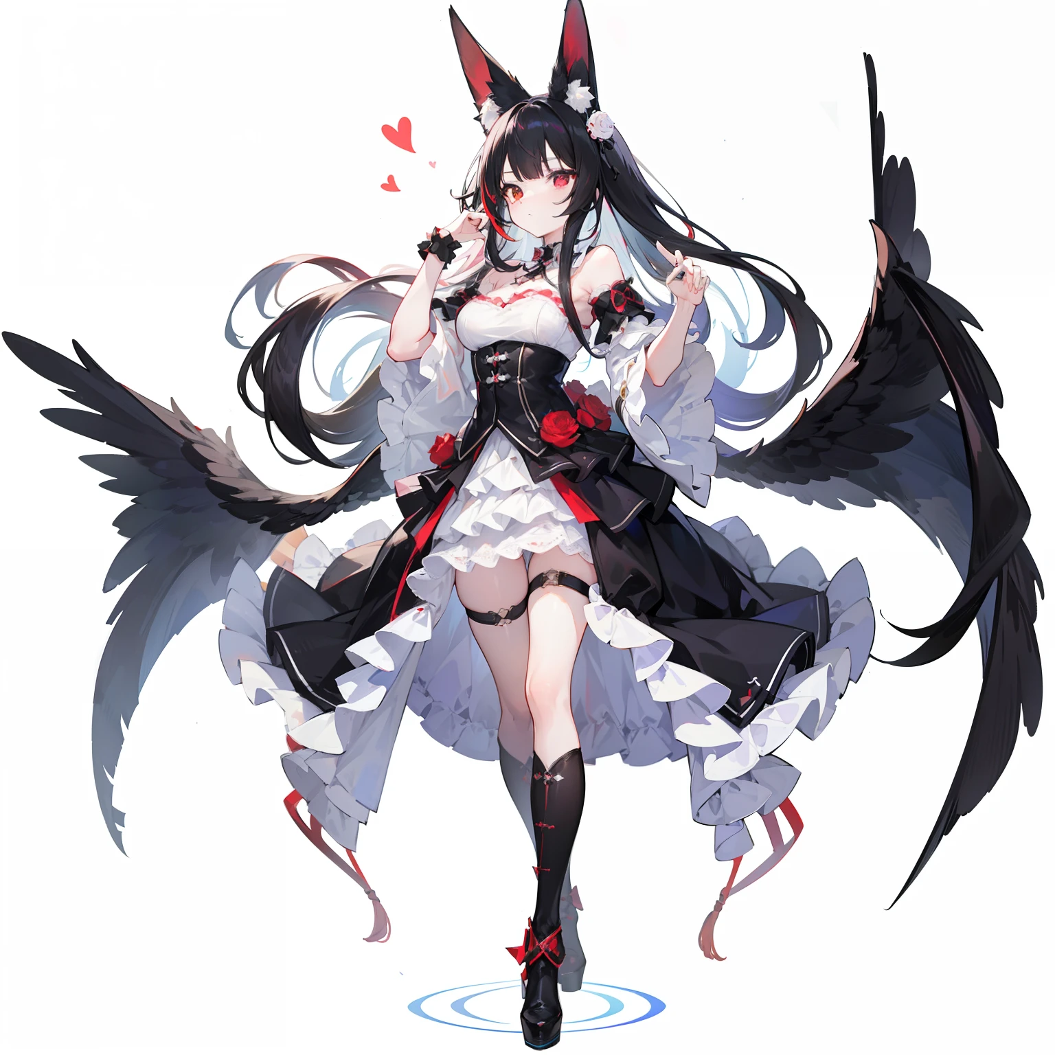 1girll，独奏，（Black flowing hair），（long whitr hair），（full bodyesbian），Bunny ears，｛（Heterochromia）（red - eyed）（blackigeyes）｝，Lolita prostitute，A pair of black wings，standing on your feet，｛White background 1：：5｝