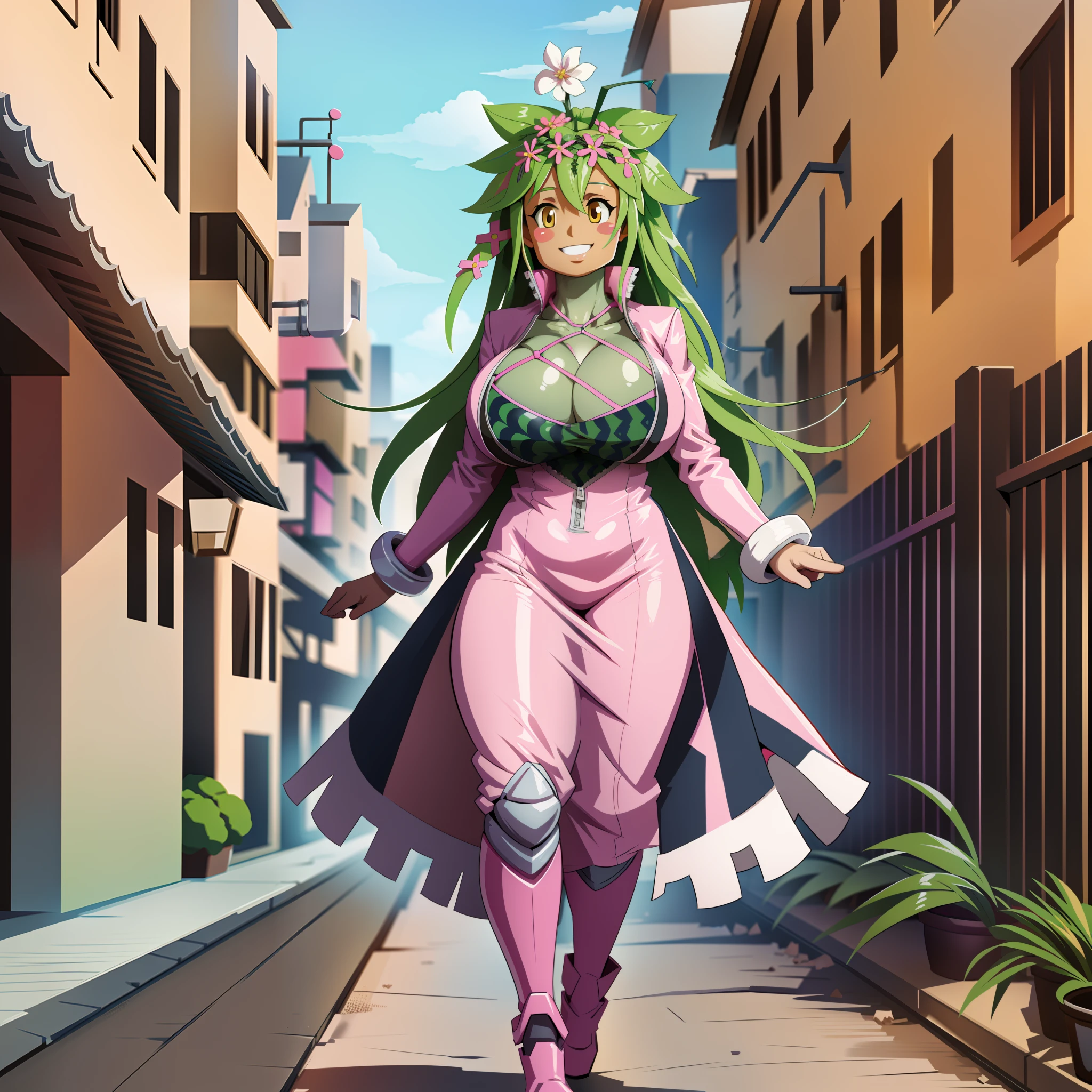 kanna blaster master, flora fauna, female,, huge chest, full clothed dress, walking, full body, smile