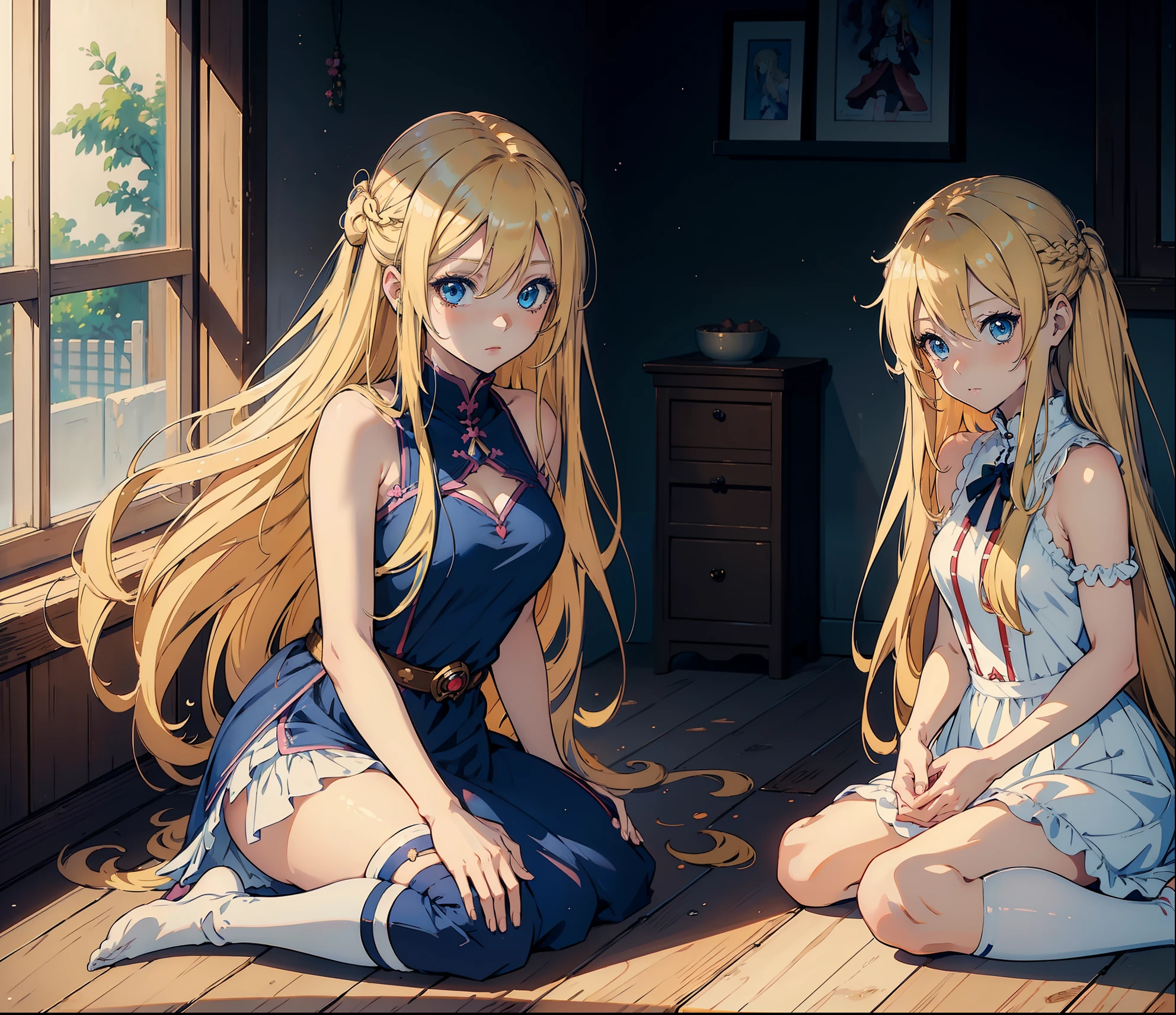 (((masterpiece))), ((best quality)), anime girl with long blonde hair and blue eyes holding a cat, ??????????? loli, blonde anime girl with long hair, anime girl named lucy, splash art anime loli, anime girl with long hair, asuna yuuki, anime best girl, (anime girl), loli in dress, cute anime waifu in a nice dress, cute anime girl