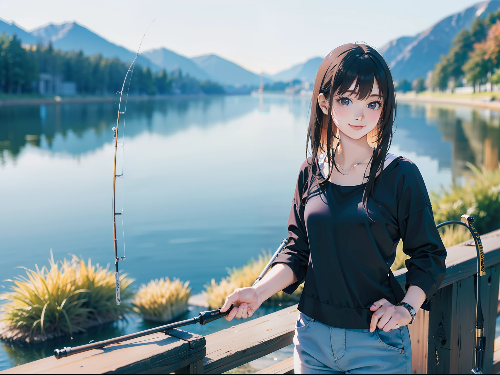 (((Having a fishing rod by the lake))),((Best quality, 8k, Masterpiece :1.3))black hair, longeyelashes, solid circle eyes, light smile, drop shadow, atmospheric perspective, 8k, super detail, ccurate, best quality, small breasts,black jacket, Black Tank Top ,white_pants,