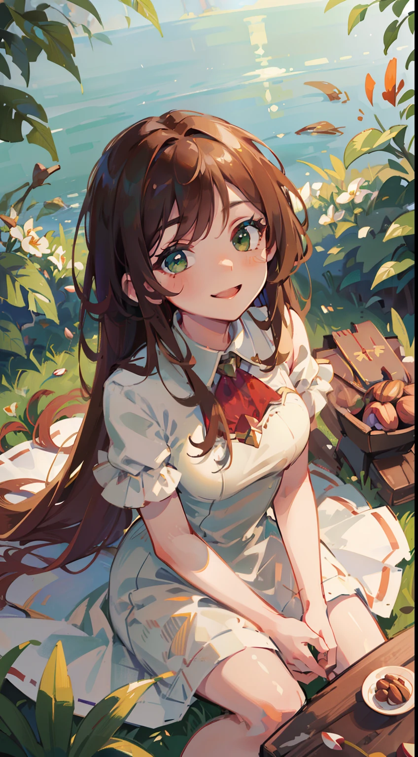 (masterpiece), best quality, beautiful detailed hair detailed face, ultra high res, sharp focus, ((1 woman, solo)), perfect feminine face, upper body, high angle shot, sitting on the grass ((beautiful almond shape eyes, green eyes)), (cocktail white dress:1.2), leaf, forest, looking at the viewer, smiles, chesnut brown hair, flowing long hair