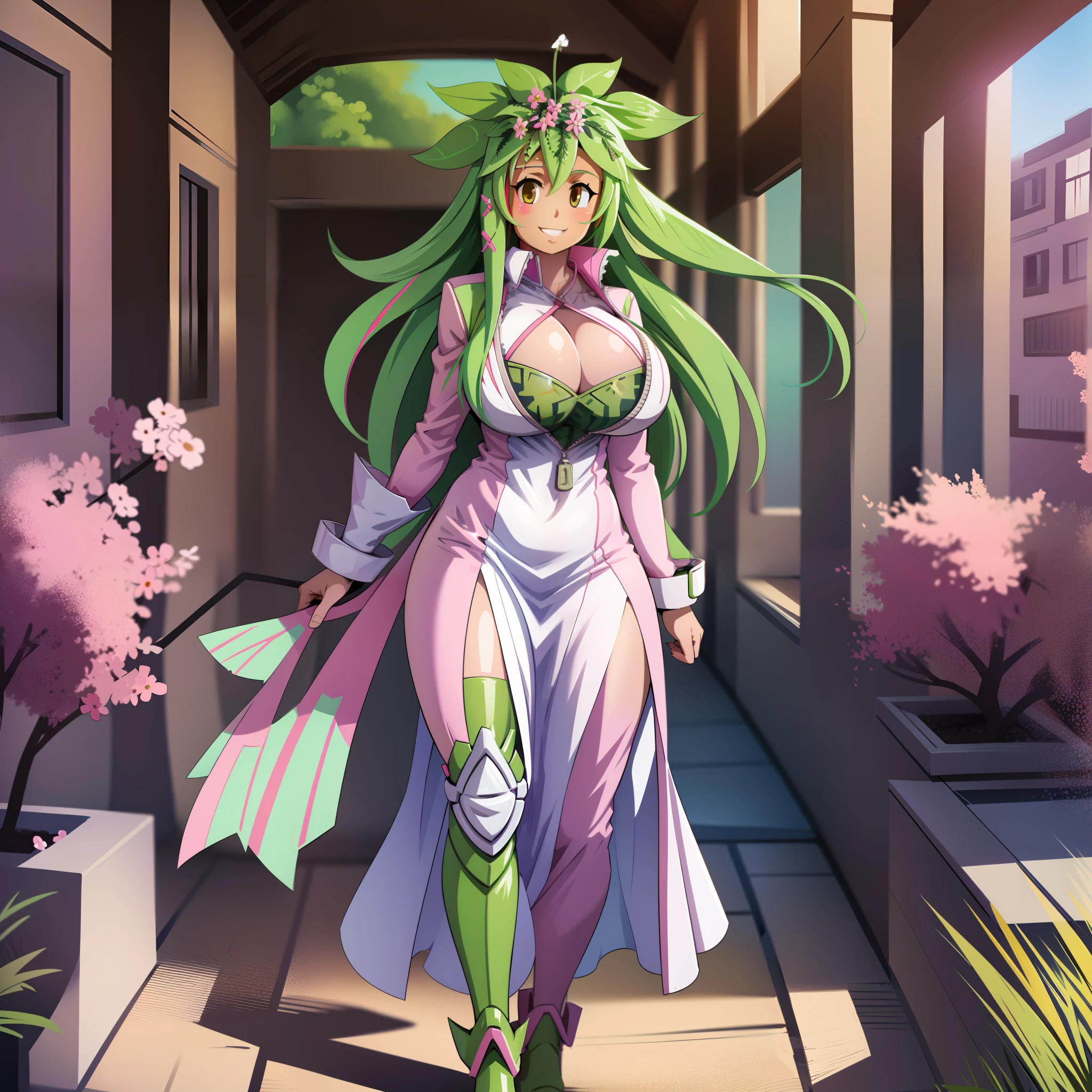 kanna blaster master, flora fauna, female,, huge chest, full clothed dress, walking, full body, smile, long hair
