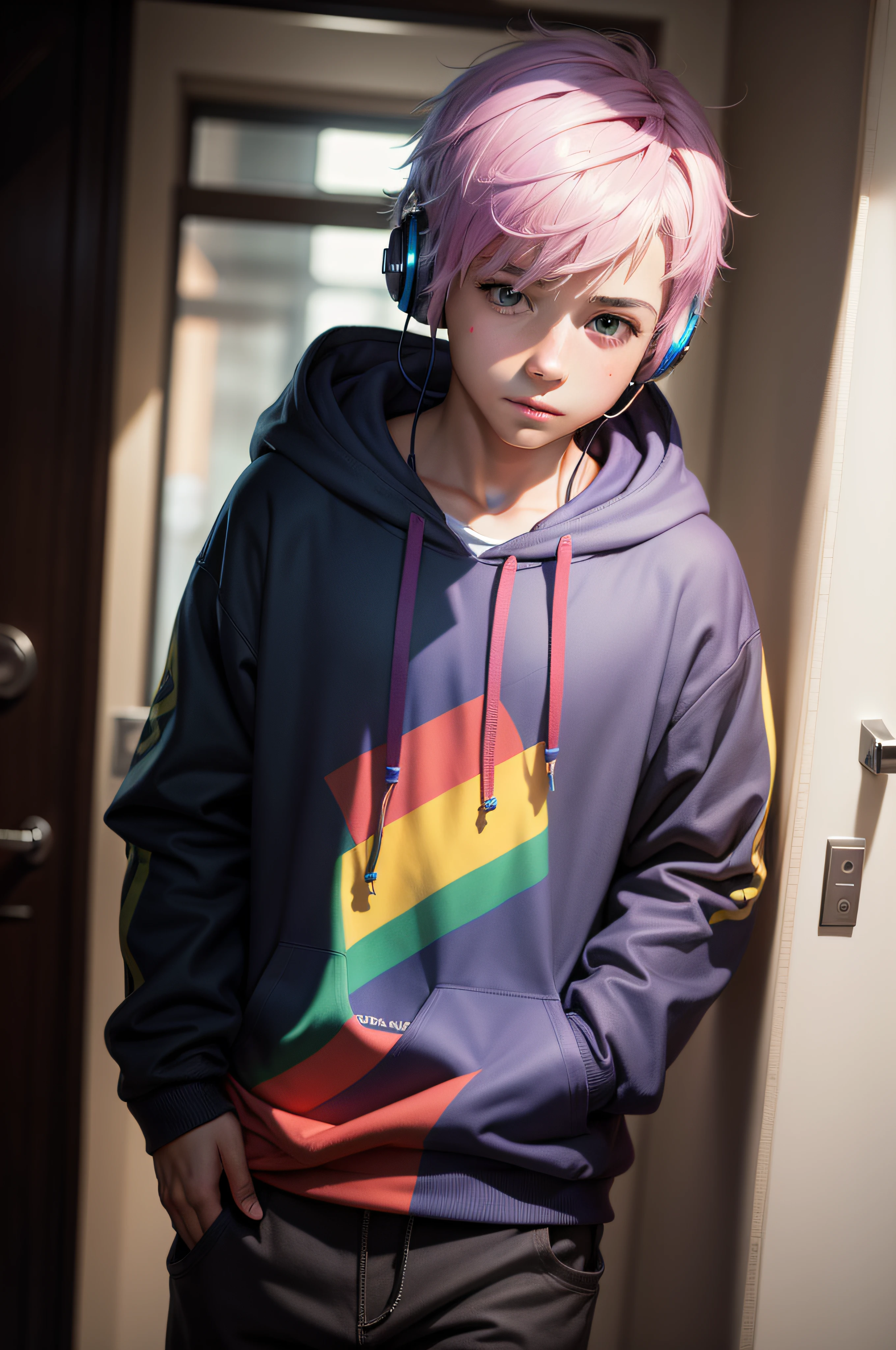 realistic, 1 boy ,rainbow hair, headphones  ,hoodie, wallpaper,