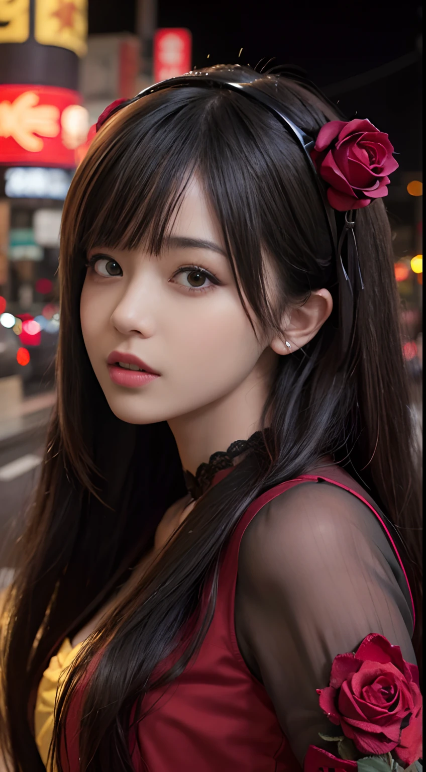 1girl, Tokyo street,night, cityscape,city lights, upper body,close-up, 8k, RAW photo, best quality, masterpiece,realistic, photo-realistic,headgear of red rose, parted bangs, long hair,