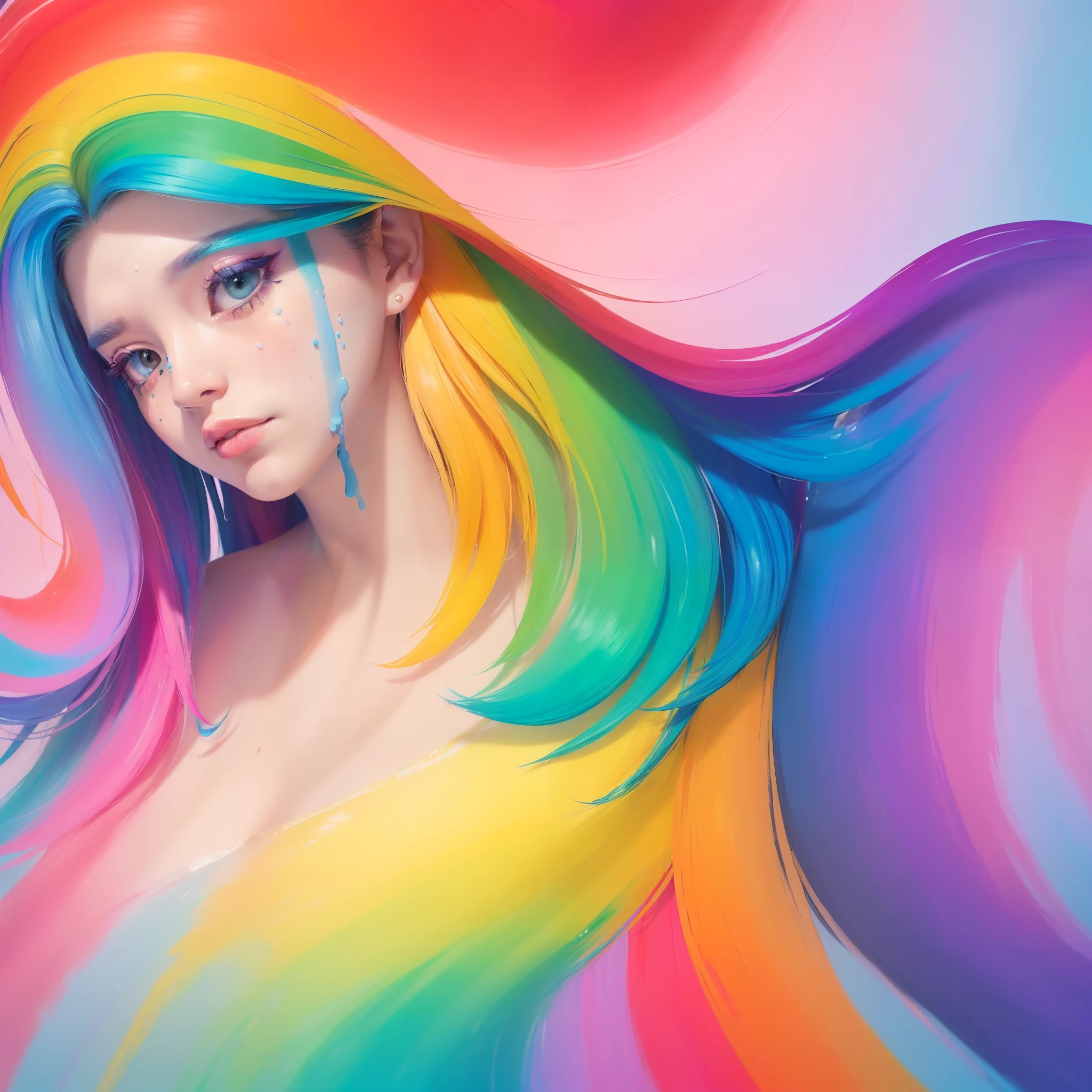 （Pink Fashion T-shirt：1.9），(Colorful hair: 1.8), (all the colours of the rainbow: 1.8),(((((vertical painting：1.6))), （painting：1.6），front, comics, illustrations, paintings, large eyes, crystal clear eyes,（ rainbow color gradient high ponytail：1.7）, exquisite makeup, closed mouth,(Small Fresh: 1.5),(Wipe Chest: 1.6) ，long eyelashes, white off shoulder T-shirt,  White Shoulder Shirt，looking at the audience, large watery eyes, (rainbow colored hair：1.6), color splash, （solo：1.8）, color splash, color explosion, thick paint style, messy lines, ((shining))，(colorful), (colorful), (colorful), colorful, Thick Paint Style, (Splash) (Color Splash), Vertical Painting, Upper Body, Paint Splash, Acrylic Pigment, Gradient, Paint, Highest Image Quality, Highest Quality, Masterpiece, Solo, Depth of Field, Face Paint,  colorful clothes, (Elegant: 1.2), gorgeous,long hair, wind, (Elegant: 1.3), (Petals: 1.4)，(((masterpiece))),(((best quality))),((ultra-detailed)),(illustration),(dynamic angle),((floating)),(paint),((disheveled hair)),(solo),(1girl) , (((detailed anima face))),((beautiful detailed face)),collar,bare shoulders,white hair, ((colorful hair)),((streaked hair)),beautiful detailed eyes,(Gradient color eyes),(((colorful eyes))),(((colorful background))),(((high saturation))),(((surrounded by colorful splashes))),