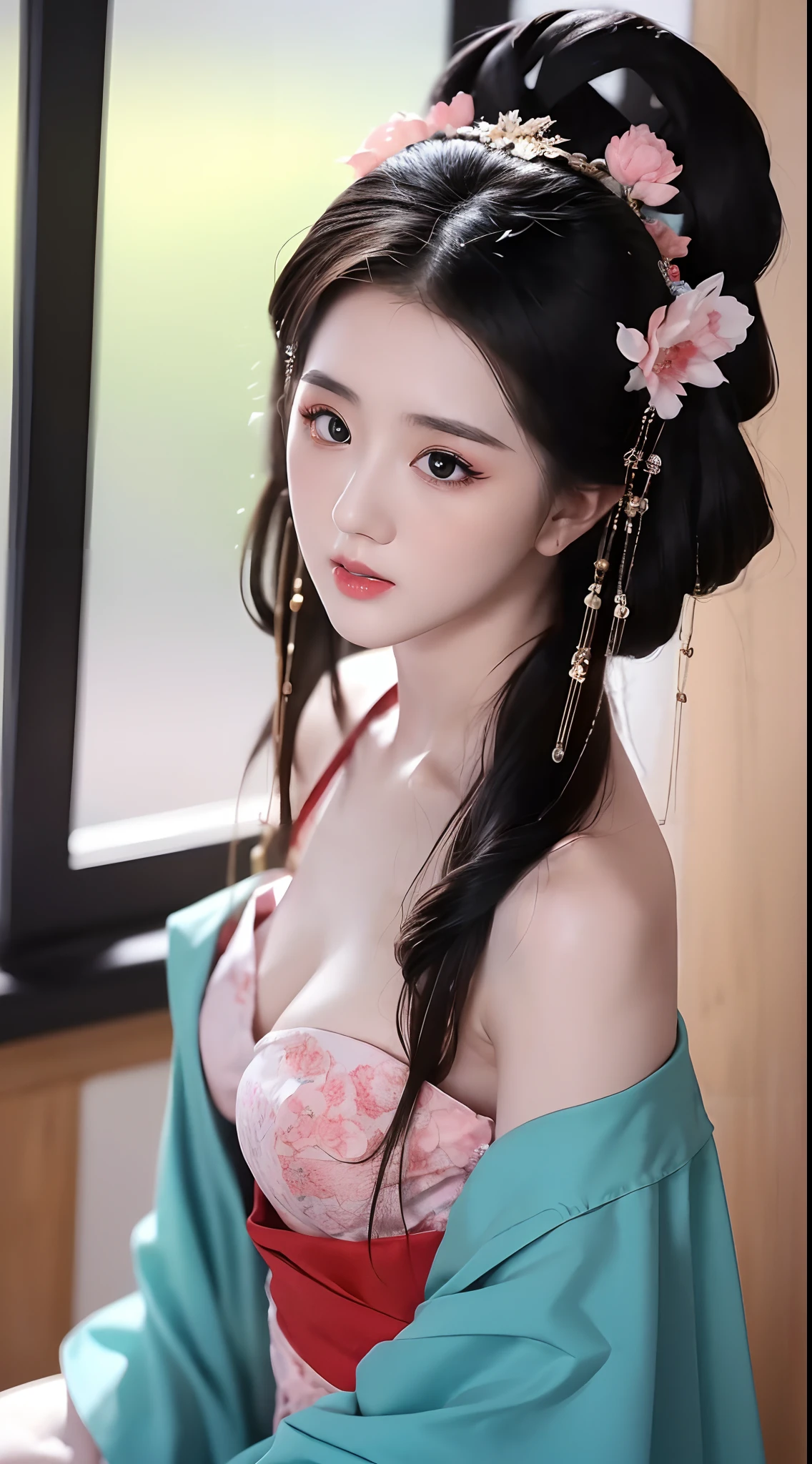 1 beautiful girl, long black hair, black eyes, Ancient Chinese style bun, wearing a thin silk shirt of ancient China, appears shoulders and head in the photo, (pout, embarrassed, small face makeup detailed and very beautiful, Enlarged breasts, regular round breasts, breast augmentation, balanced breasts, big boobs, blush, from front, from above, looking at viewer, upturned eyes, cleavage, masterpiece, top quality, best quality, official art, unity 8k wallpaper, highres, ultra-high res, ultra-detailed, (photorealistic:1.2), alone, solo, Only 1 girl,