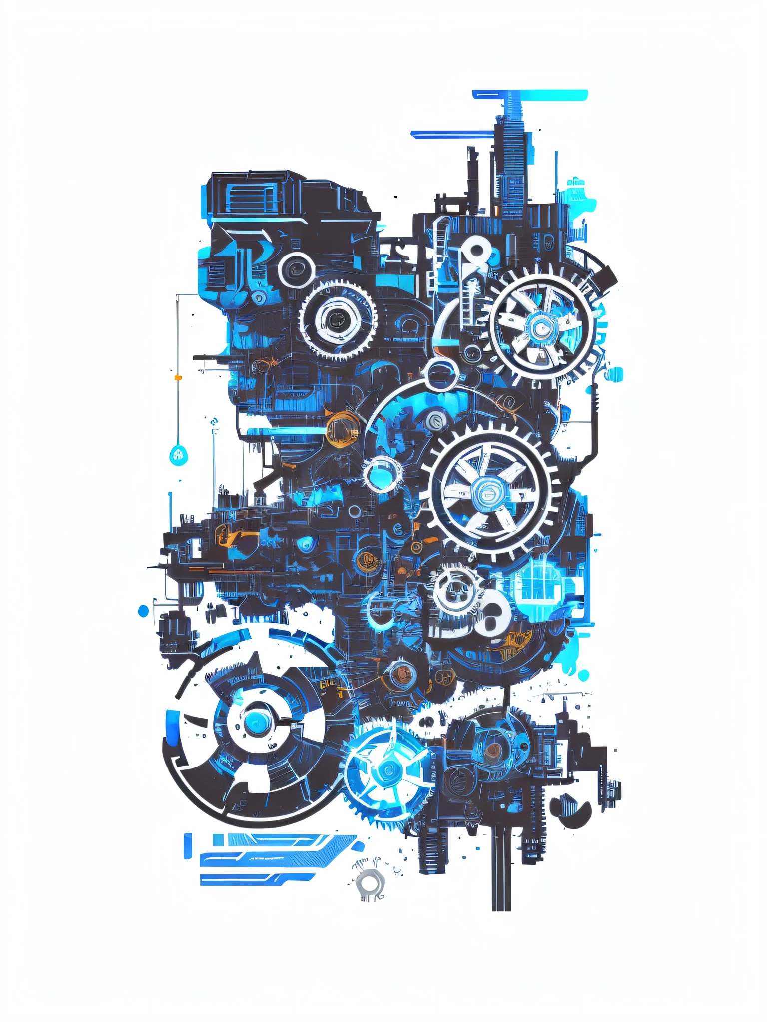 There are blue and black drawings of machines with gears, mechanized art concept, Vivid cyberpunk concept, Portrait of a cyberpunk machine, cyberpunk illustration, Futuristic machinery, Mechanical science fiction, cyberpunk illustration, Colorful sci-fi cyberpunk, 2D illustration, cyberpunk illustration, Mechanically deformed engine, ,cyber punk perssonage, white backgrounid, Machinary, , High quality, A high resolution, Best quality