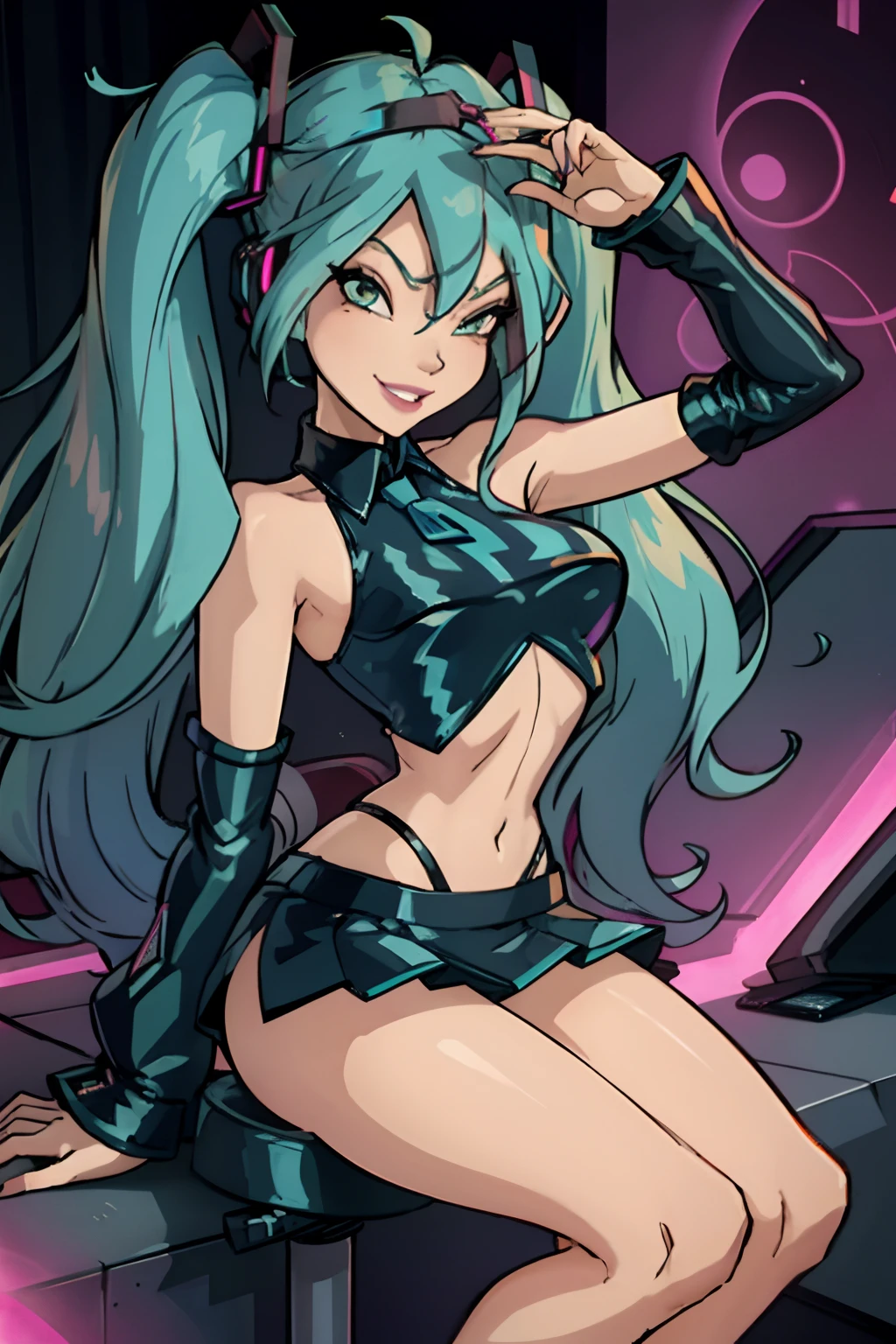 Hatsune miku corruption brainwashed, big breasts evil smile sexy miniskirt thong