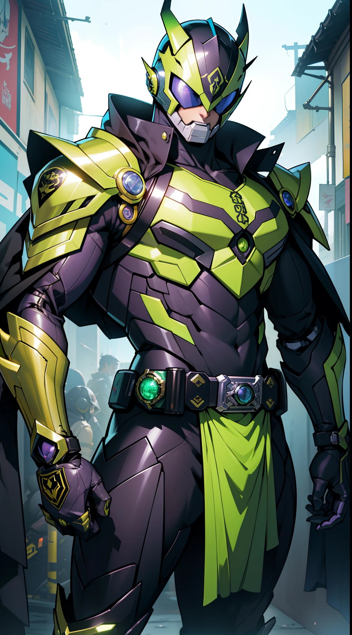 Kamen Rider、Superhero、mechanical suit、Body Armor、Mechanical Armor、Metallic texture、One Man、helmets、muffler、big eye、Heisei Kamen Rider、Body Armor、mechanical suit、cyberpunked、Near future、Vivid Color、full body Esbian、8K、Crisp Contours、tokusatsu、Transformation Belt、A bottle of liquid is stuck in the conversion belt like a cartridge、Kamen Rider with perfume motif、Electromechanical、male people、8 Head Body、Visible from head to toe、The scent of perfume wafts in the air、Japan Horn、bright body color、Japanese Katana Sword、Knives、Take action、Acrobatic stance、Kamen Rider Eau de Parfum、Fashionable、ciber、Near future、Theme color is green、wicked、Dark Hero、Dark Rider、disaster々Atmosphere、Vivid Purple、golden colored、Body armor with a lot of decoration、Evil Chief、Reiwa Kamen Rider、Elements of each glowing part、wicked、demon king、Oda Nobunaga、cloaks、gold、A black、Skull motifs、cruel、Final form、With tenko、colourfull、appearance々arm、Luxurious and heavy々Shishi Armor、Gold and Platinum、Grasshopper motif、The Strongest Kamen Rider、Green aura、Mechanical Armor、real  face、male people