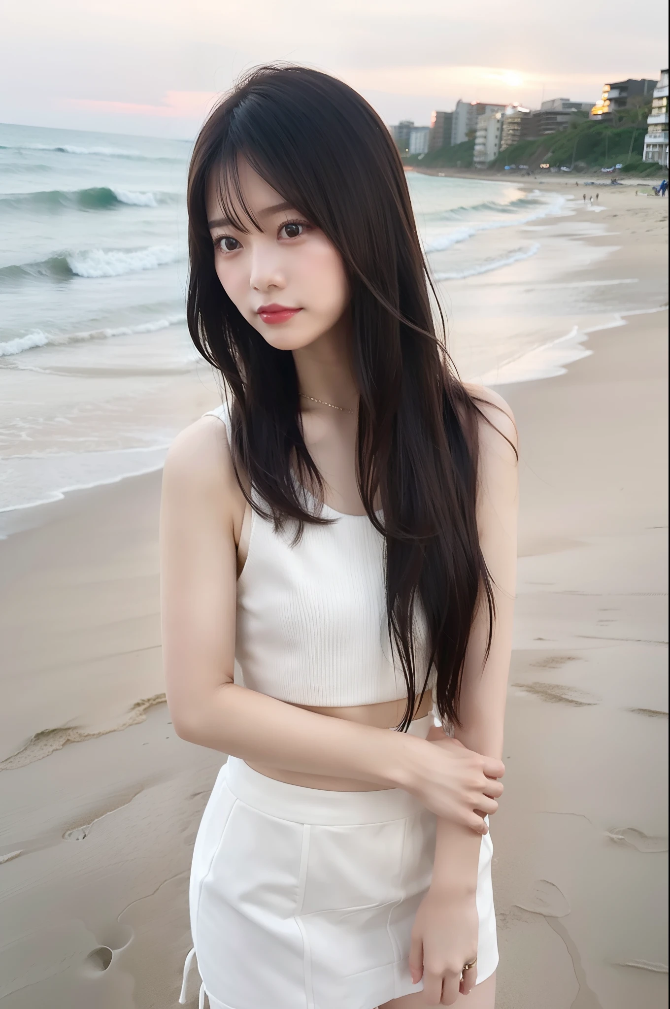 Woman Standing On The Beach,Thigh skirt,Cute elegant pose,prety woman,Beach at dusk,elegant japanese woman,Casual pose,Lonely look,A dark-haired,The long-haired,korean female fashion model,Cute woman in attractive pose