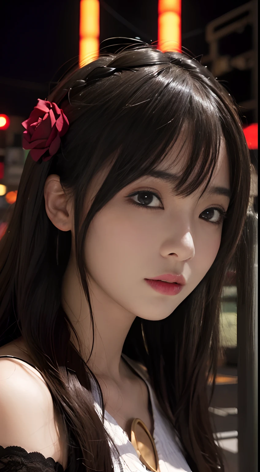 1girl, Tokyo street,night, cityscape,city lights, upper body,close-up, 8k, RAW photo, best quality, masterpiece,realistic, photo-realistic,headgear of red rose, parted bangs, long hair,