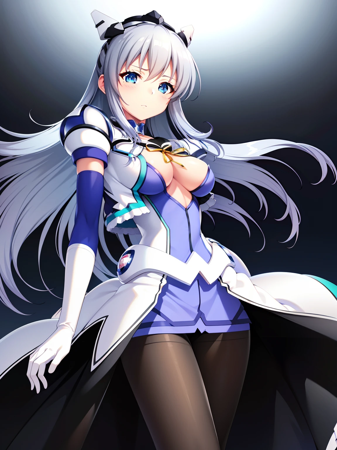 (hyper extreme detailed),(masterpeace),(hyper extreme),(photorealistic),CG,(colour), beautiful lighting,light from the front,solo,Symphonic_Sugar,light blue hair,navy blue eyes,hair ornament,long hair,white long glove,light blue short outfit,(black pantyhose),long skirt,(white high heel:0.8),petite,