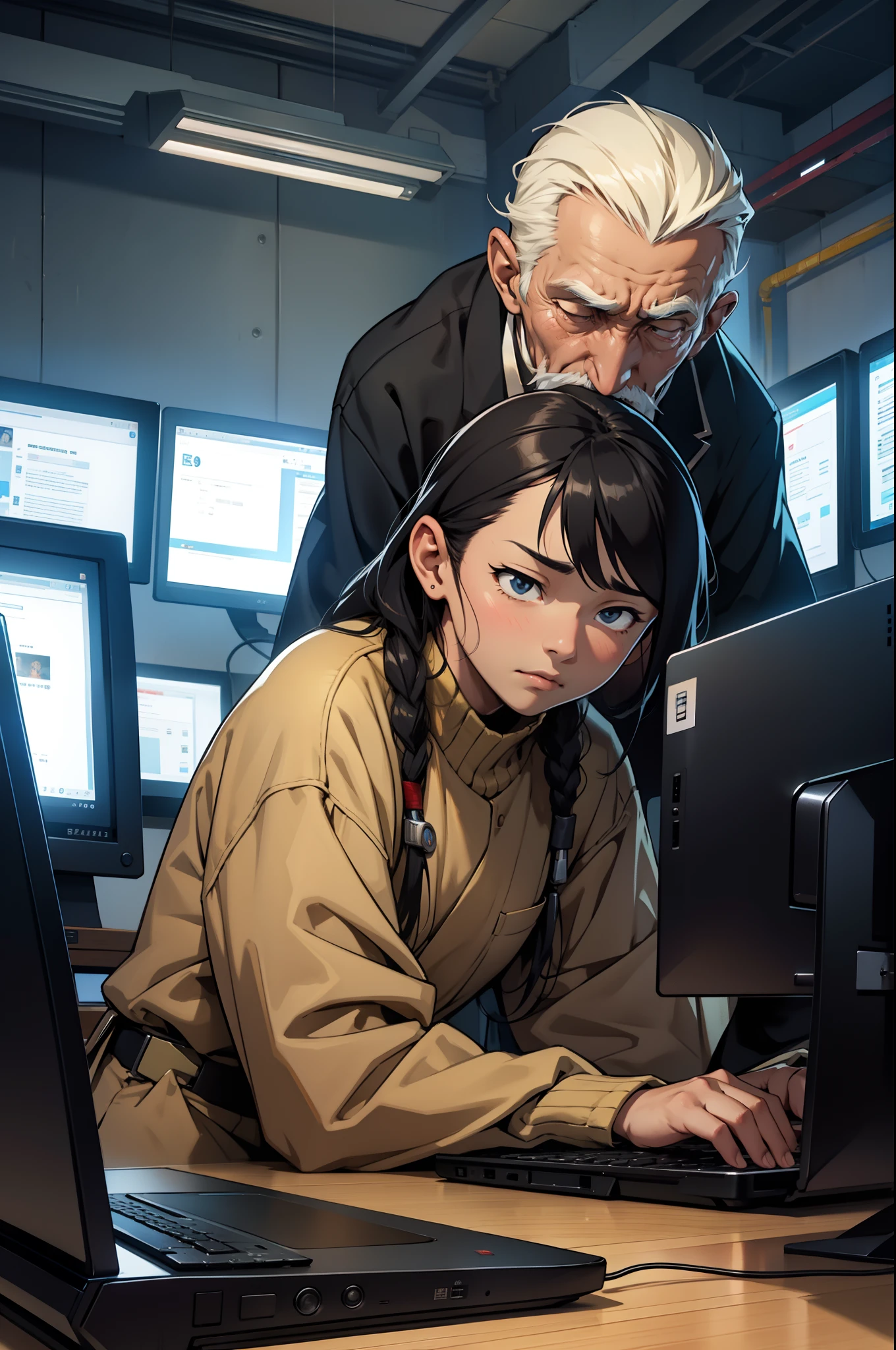 Old generals looking into the computer、terroral、feeling of despair