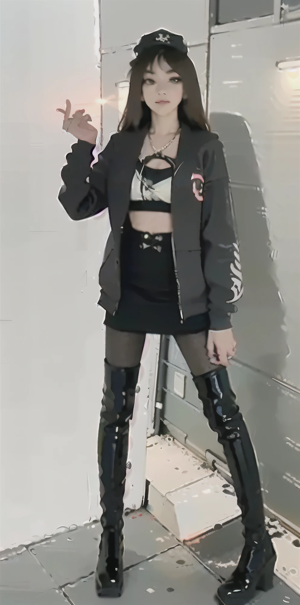 1girll,(8K, RAW photo, Best quality, Masterpiece:1.2), (1China girl,Solo:1.29),(Realistic, photo-realistic:1.37),(Street photography:1.54),(busty figure:1.5),Boots,(2 boots,2 normal legs),Over-the-knee boots,(Stand upright,Orthographic lighting,whole body picture:1.88),(knee high boots:1.75),(Leather boots:1.6),(Over-the-knee boot cover 3/4 legs:1.55),(high-heels:1.2),(Silvery hair),(Silver boots),(leather miniskirt:1.3),(High heels:1.4),(2 Long heels:1.2),(2 stiletto heels:1.33),(Slim heels:1.33),(brassier:1.65),(Silver patent leather boots:1.4),(The boots clung to her legs:1.5),(The boots are pressed tightly against the thighs, Accentuate the curve of the legs),(A pair of black pantyhose:1.89),(A thin pair of black pantyhose:1.74),(A pair of black thin oily pantyhose:1.74),(The line between the legs and the black silk skirt is clear:1.56),(Ultra detail,full bodyesbian),(Red long-haired,Red hair,Bright red hair:1.4),(the beautiful and delicate girl:1.5) ,Beautiful nose,(Extremely detailed eyes and face:1.5), (Beautiful eyes:1.5),((Hanfu:1.1),(beautiful detailed lips),Professional lighting, No hats,2 legs,photon maping, Radio City, Physically-based rendering,Extremely detailed eyes and face, Beautiful detailed eyes,light in face,Cinematic lighting,Beautiful detailed sky,Details of Shanghai streets,Morning,sun light,Short jacket,Hoodie,school uniform,(Open legs:1.45),1girll,full bodyesbian,full body shot of,Outdoors,