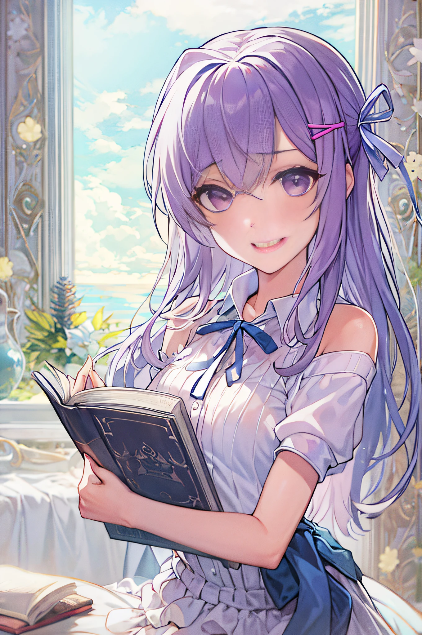 Masterpiece, Best quality, A high resolution, Wisdom 1, 1girll, yuri, purple eyes, purple hair, hair between eyes, hairclip, Hair ribbon, White ribbon, one side up, She was holding a book in her hand,Solo, luxury watches, bangs, Bare shoulders, White shirt, Estampados florales, Short sleeves, off-the-shoulder shirts, frilld, White skirt, Cowboy shot, Smile