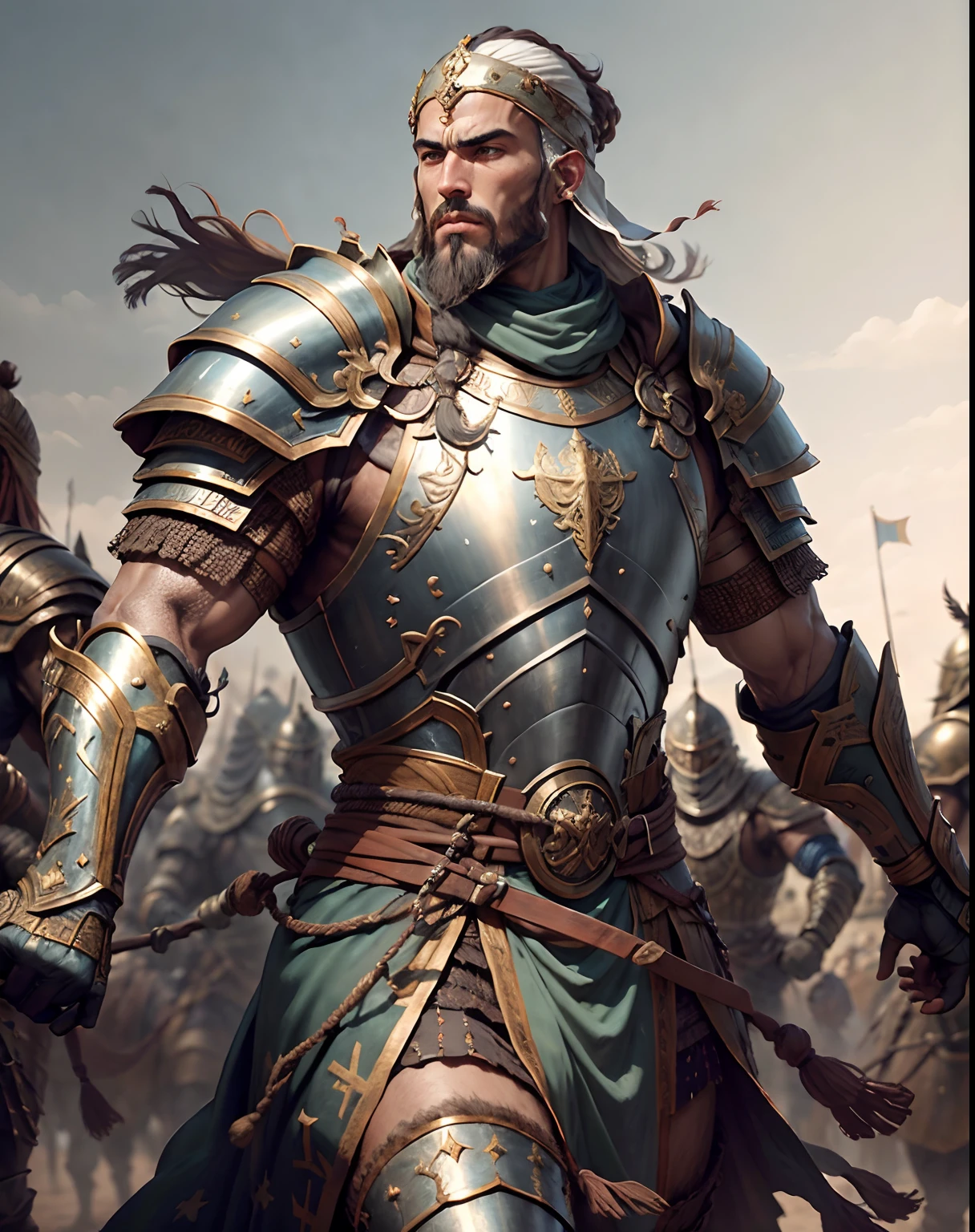 Arabian warrior medieval moroccan bald beard handsome muscular full Armor Wear leads troops in moroccan environnement Master piece super detailed hyper realistic 3 points perspective Dynamic pose