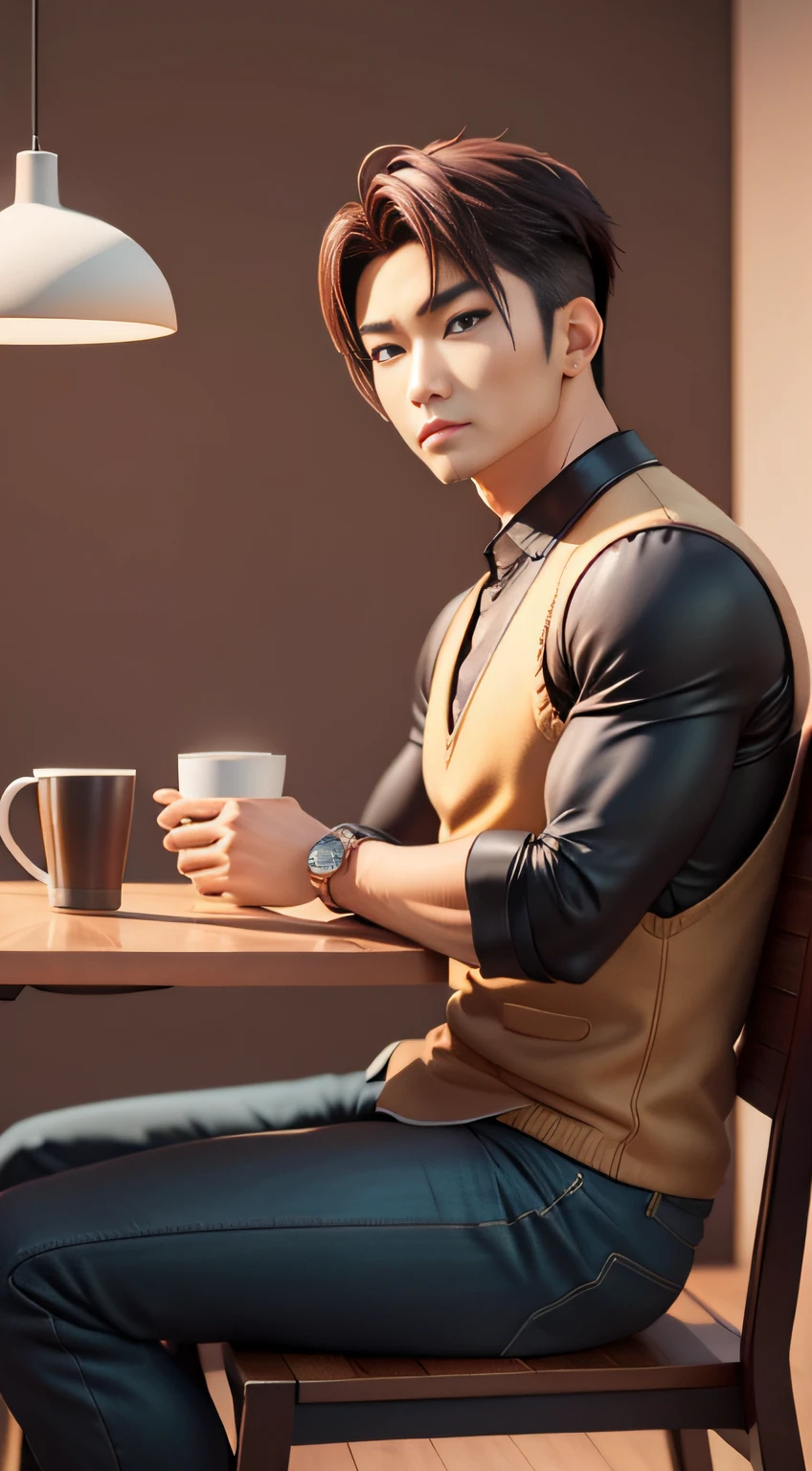 A handsome Asian man，sits at a table，He had a coffee cup in front of him, Guvez style, Realistic anime 3D style, Photorealistic anime,realistic anime artstyle