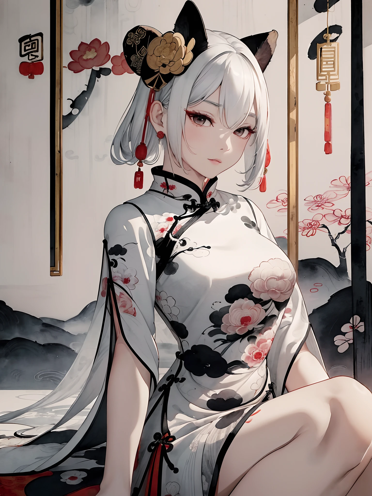 ((4K、masterpiece、top-quality))、((Traditional Chinese Ink Painting:1.4)),lotuses,((qipao dress:1.3)),Dress conservatively ,独奏、white hair、fox ear、blanche、AngelT、looking at viewert