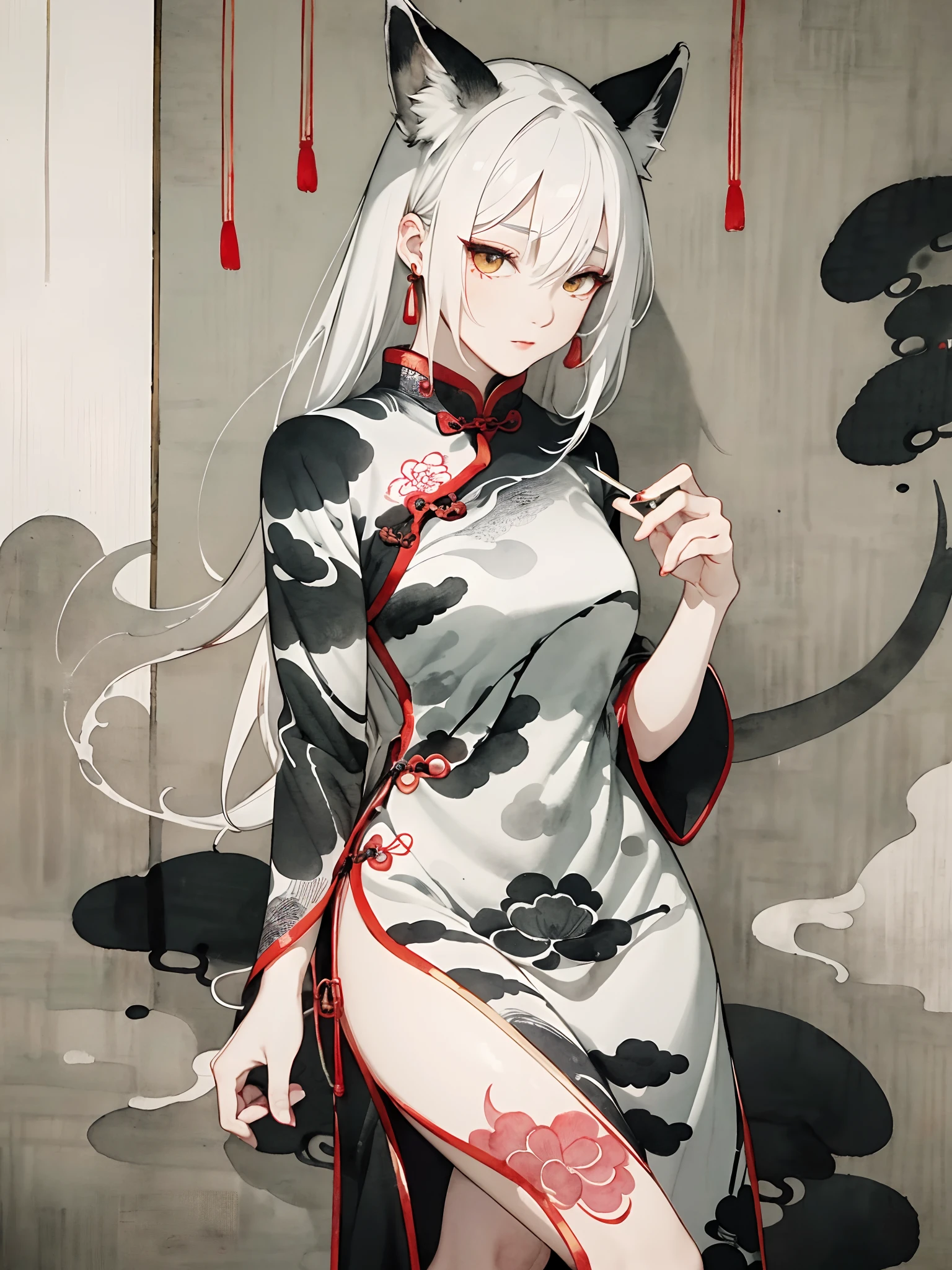 ((4K、​masterpiece、top-quality))、((Traditional Chinese Ink Painting:1.4)),lotuses,((qipao dress:1.3)),Dress conservatively ,独奏、white  hair、fox ear、blanche、AngelT、looking at viewert