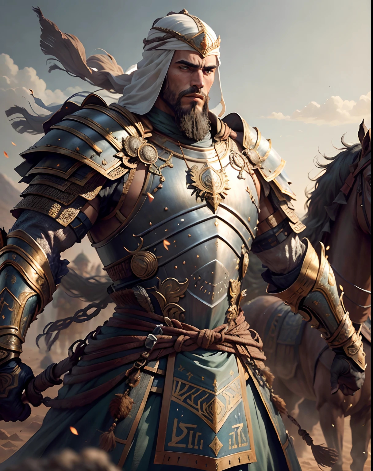 Arabian warrior medieval moroccan bald beard handsome muscular full Armor Wear leads troops in moroccan environnement Master piece super detailed hyper realistic 3 points perspective Dynamic pose