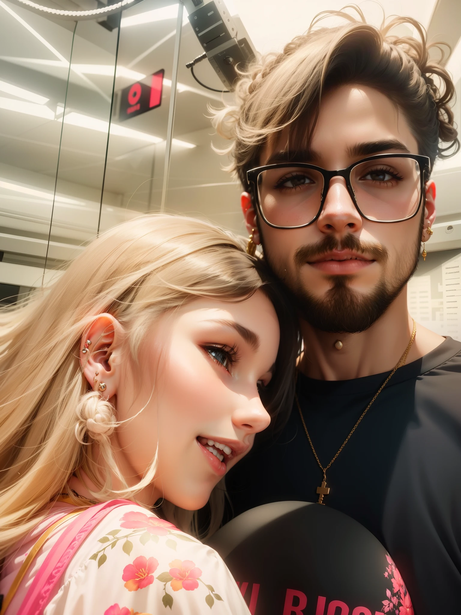 Make this girl only smiley and aesthetic with ear piercing & keep the boy simple with very little beard