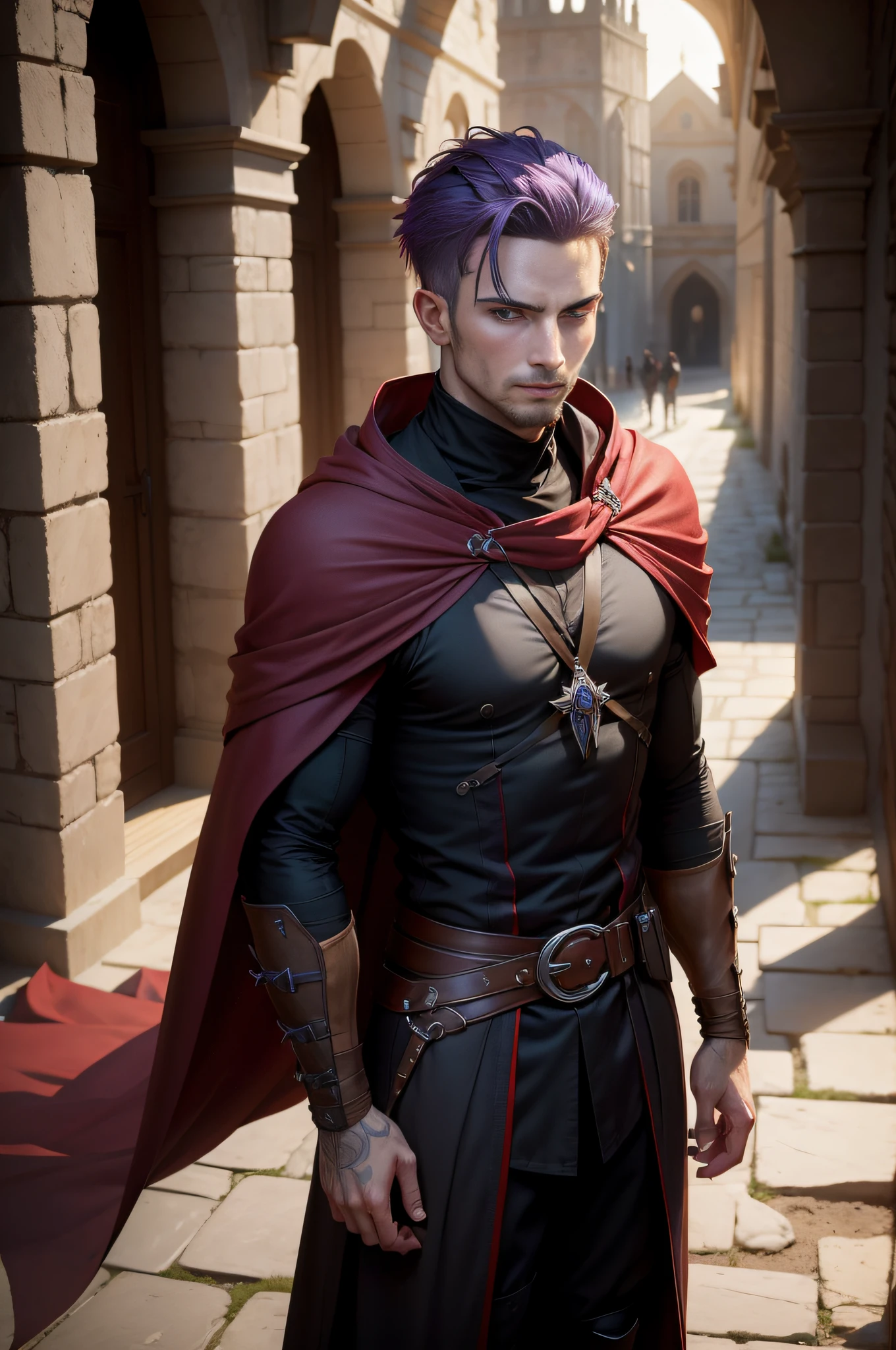 (((masterpiece, best quality, ultra detailed))), (male assassin get ready for battle, looking to viewer, perfect fingers, perfect hands), 35 years old, medieval empty ruins as background, from above, backlighting, unapproachable vibe, expressionless, purple hair, very short hair, male face, male eyebrows, male eyes, sharp nose, facial muscle, adam's apple, abs, (sharp eyes), red pupils are glowing, medieval Assassin costumes, long assassin cloak,