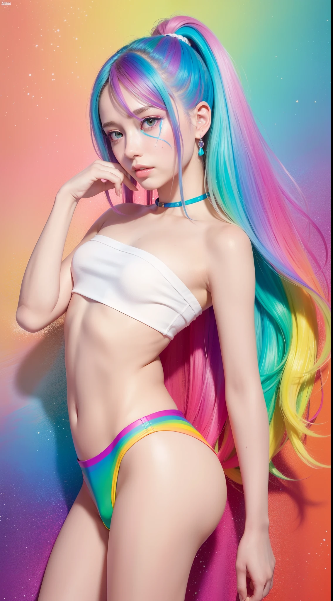 (Pink fashion T-shirt:1.9),(Colorful hair:1.8),(Rainbow all colors:1.8),((((Vertical painting:1.6))),(painting of a:1.6),frontage,comic strip,illustration,painting of a,largeeyes,crystal-clear,(rainbow color gradient high ponytail:1.7),Delicatemakeup,Keep one's mouth shut,(Small Fresh:1.5),(Bandeau:1.6),long eyelasher,White shoulder T- shirt, White Shoulder Shirt,looking at viewert,watery big eyes,(rainbow colour hair:1.6), color splash, (solo:1.8), color splash, color explosion, colour splash, color explosion, Thick lacquer style,Messy lines,((shining)) ,(colorful), (colorful), (colorful), colorful, Thick Paint Style, (Splash) (Color Splash), Vertical Painting, Upper Body, Paint Splash, Acrylic Pigment, Gradient, Paint, Highest Image Quality, Highest image quality, Masterpiece, Solo, Depth of Field, Face Paint, colorful clothes, (ellegance: 1.2), opulent, long whitr hair, ventania, (ellegance: 1.3), (petals: 1.4),(((masterpiece))),(((Best quality at best))),((ultra - detailed)),(illustratio),(dynamic angle),((floatking)),(Paintwork),((Loose hair)),(solo),(1girl) , (( (Detailed anima face))),((Beautiful detailed face)),collars,exposed bare shoulders,whaite hair,((The color hair)),((Striped hair)),Beautiful detailed eyes,(Gradient color eyes),(( (Colored eyes))),(((coloured background))),(((high saturated))),(((Surrounded by colorful splashes))),Libido boy