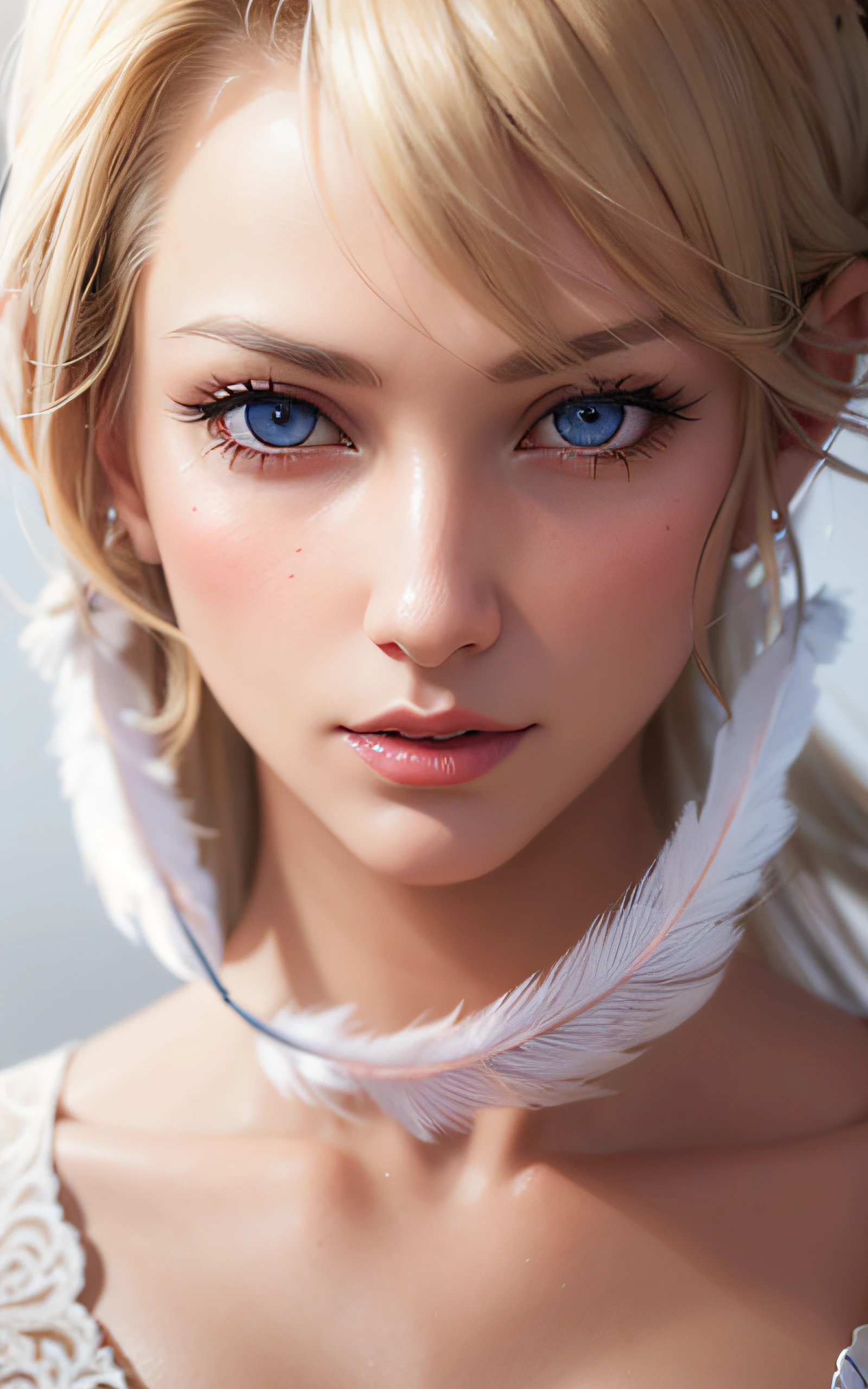 Blonde woman with blue eyes and white feather headband, Stunning anime face portrait, photorealistic anime girl render, Detailed Digital Anime Art, artwork in the style of guweiz, 8k high quality detailed art, ArtGerm ; 3d unreal engine, detailed portrait of an anime girl, fanart best artstation, Smooth Anime CG Art, closeup character portrait