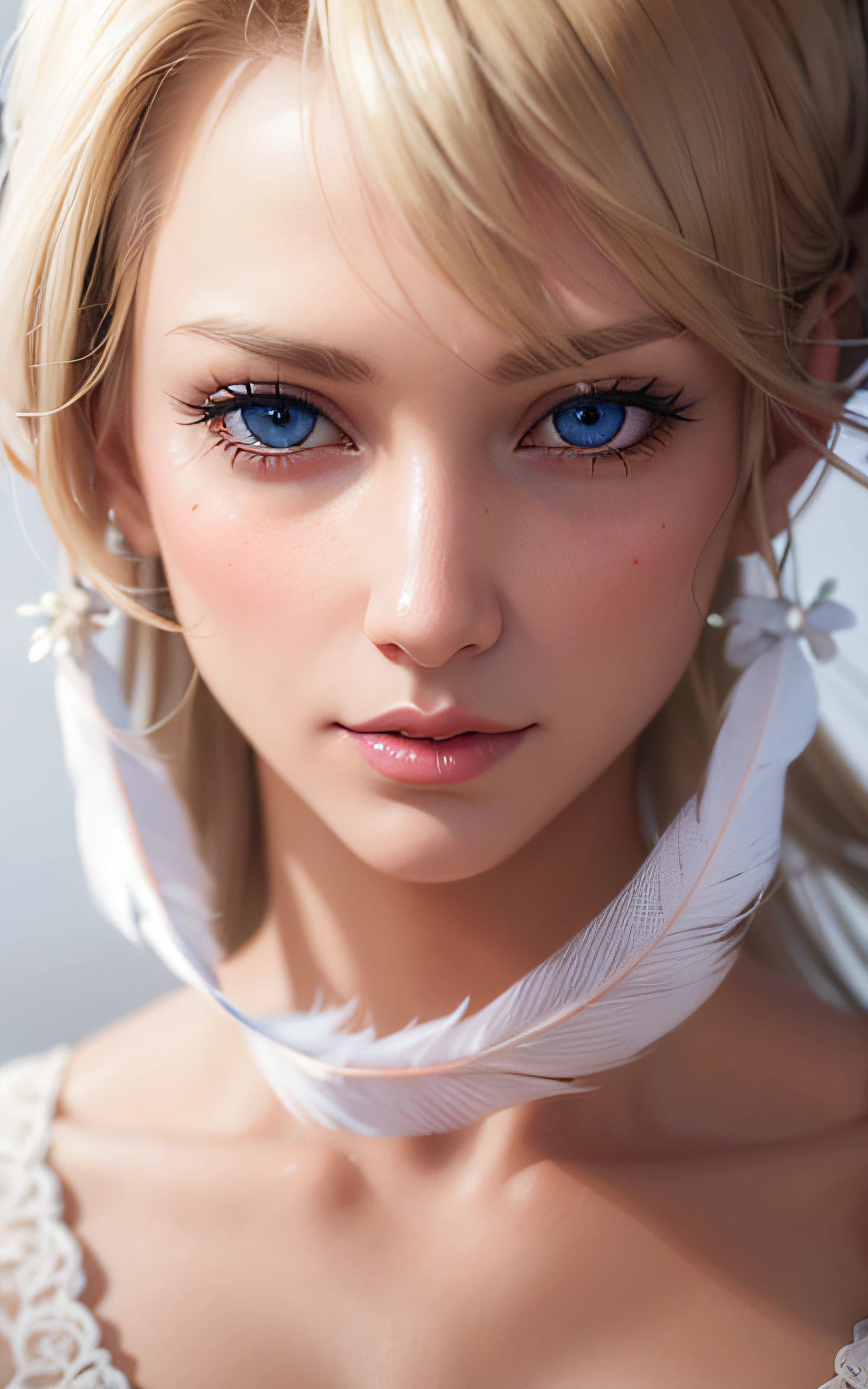 Blonde woman with blue eyes and white feather headband, Stunning anime face portrait, photorealistic anime girl render, Detailed Digital Anime Art, artwork in the style of guweiz, 8k high quality detailed art, ArtGerm ; 3d unreal engine, detailed portrait of an anime girl, fanart best artstation, Smooth Anime CG Art, closeup character portrait
