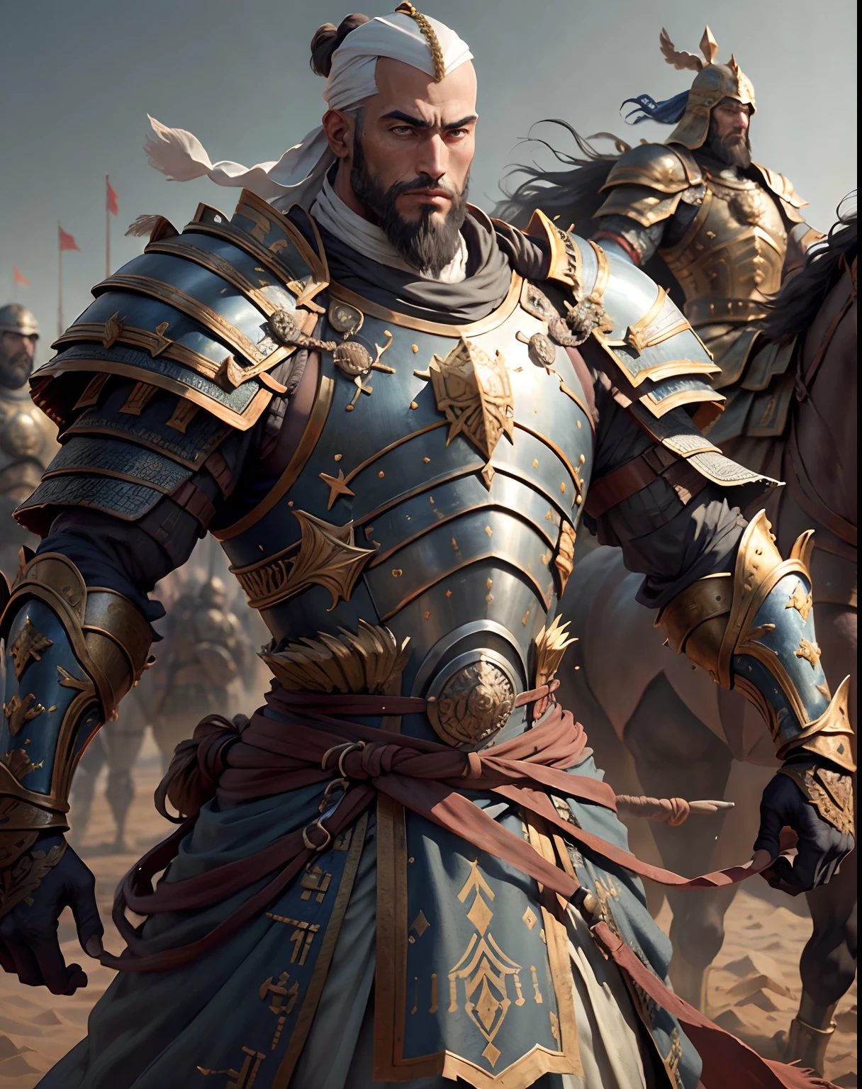 Arabian warrior medieval moroccan bald beard handsome muscular full Armor Wear leads troops in moroccan environnement Master piece super detailed hyper realistic 3 points perspective Dynamic pose