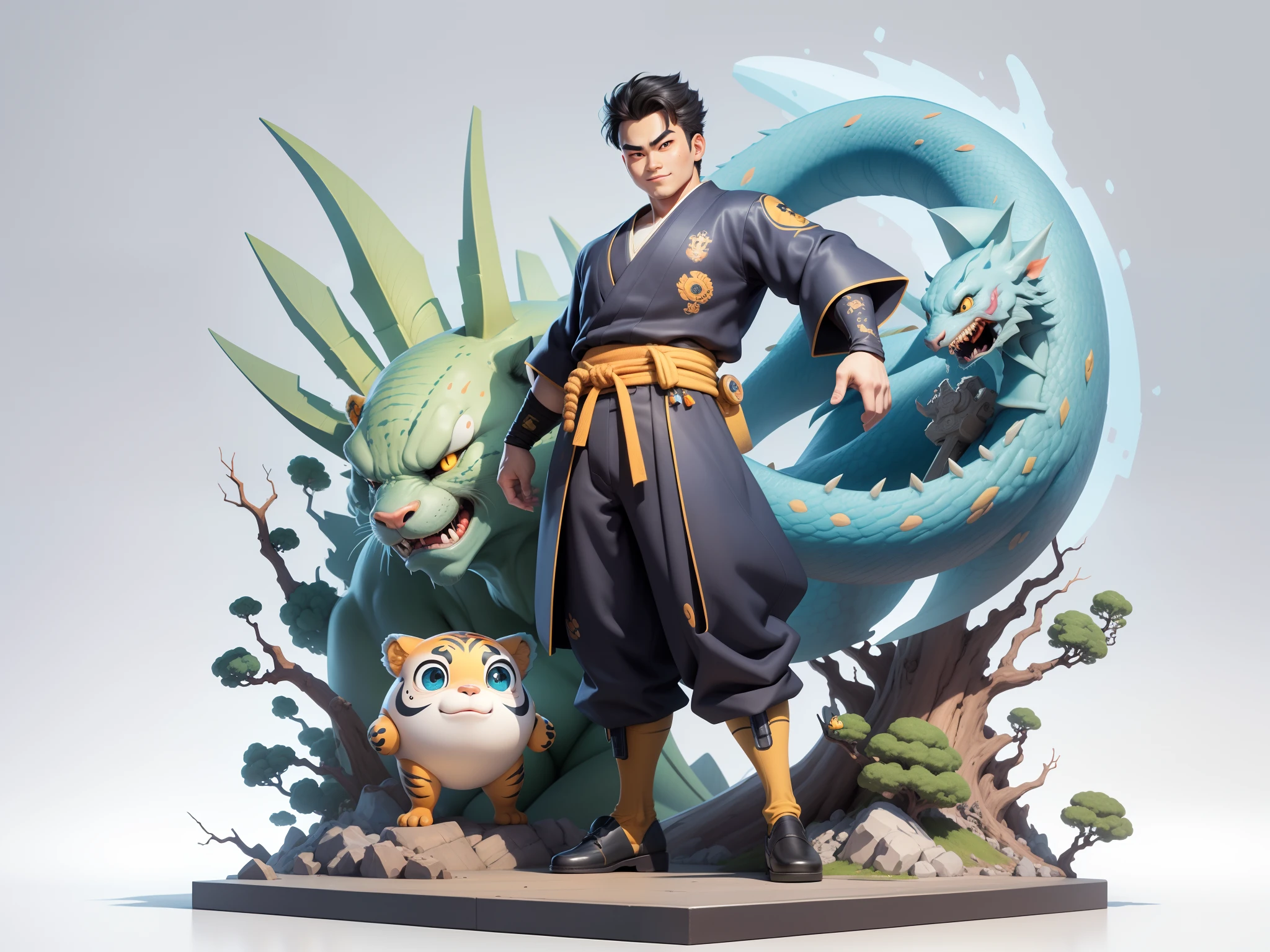 (Masterpiece), (Excellent), (Super Meticulous), (Full Body: 1.2), Super Young Man, Oriental Face, Japanese Kimono, Japanese Wind Thunder God, Dragon, Tiger, TV Anchor, Bust Portrait Illustration, Alone, Black Suit, Blue Tie, Slightly Chubby Face, Very Clean Face, No Beard, Black Super Short Hair, Black Eyes, Confident Smile, 3c Computer Sub-Products, iPad, iPhone, Digital Painting, 3D Character Design by Akira Toriyama and Mark Claireden and Pixar and Hayao Miyazaki, The illustration is a high-definition illustration in 4K resolution with very detailed facial features and cartoon-style visuals.